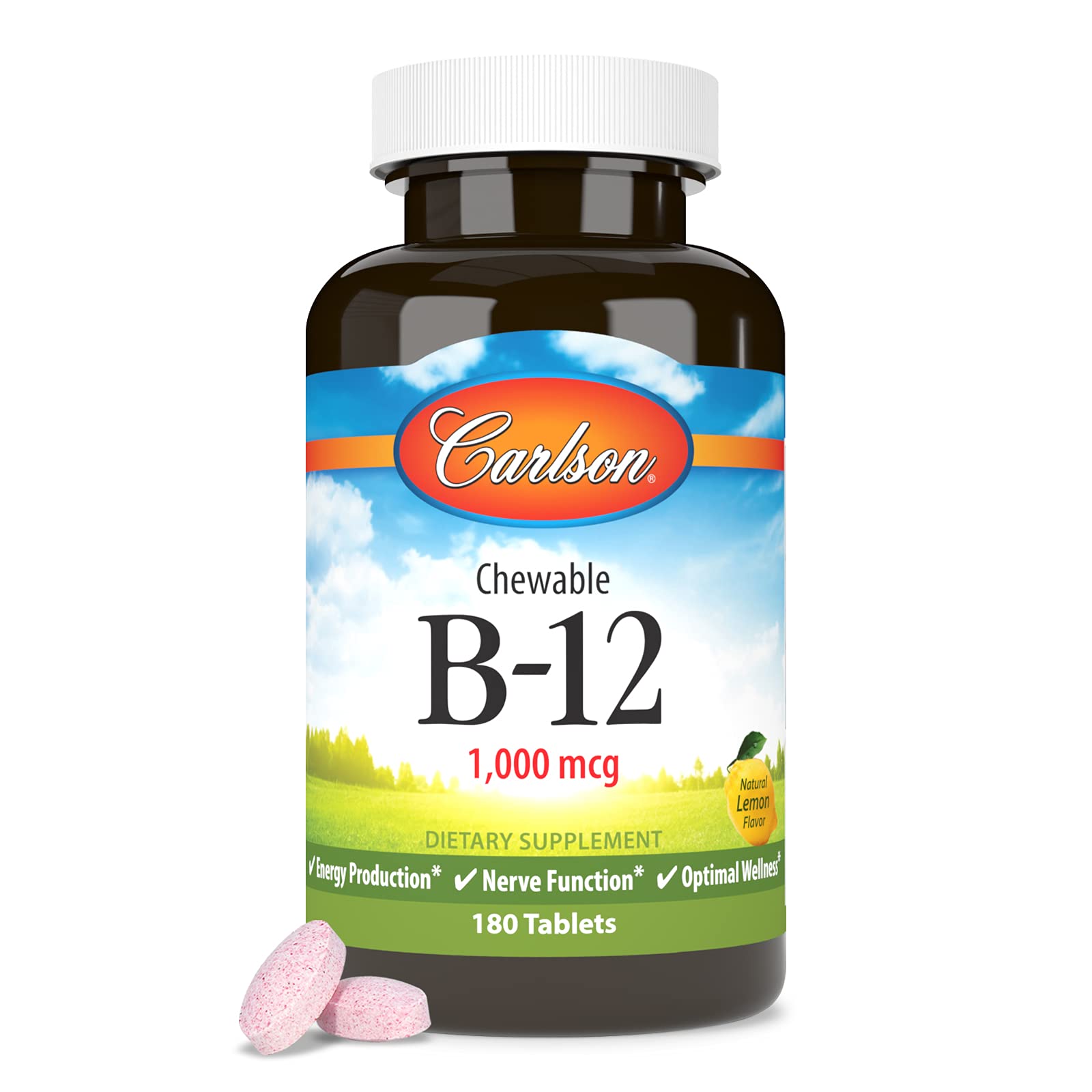 Carlson Vitamin B12 lemon chewable tablets on a wooden table
