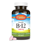 Carlson Vitamin B12 lemon chewable tablets on a wooden table