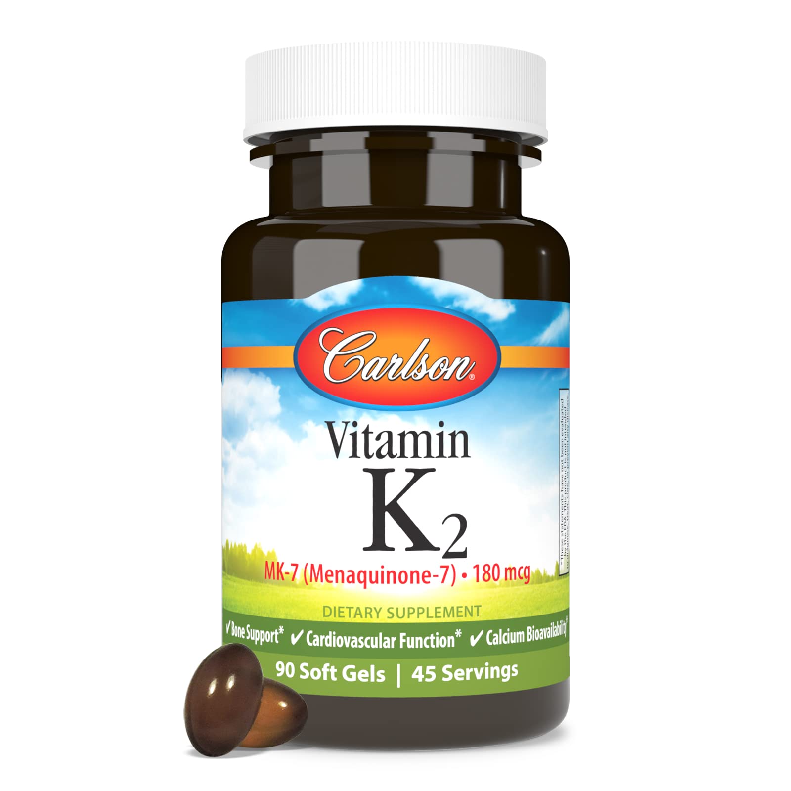 Carlson Vitamin D Supplement with K2 soft gel on a wooden table