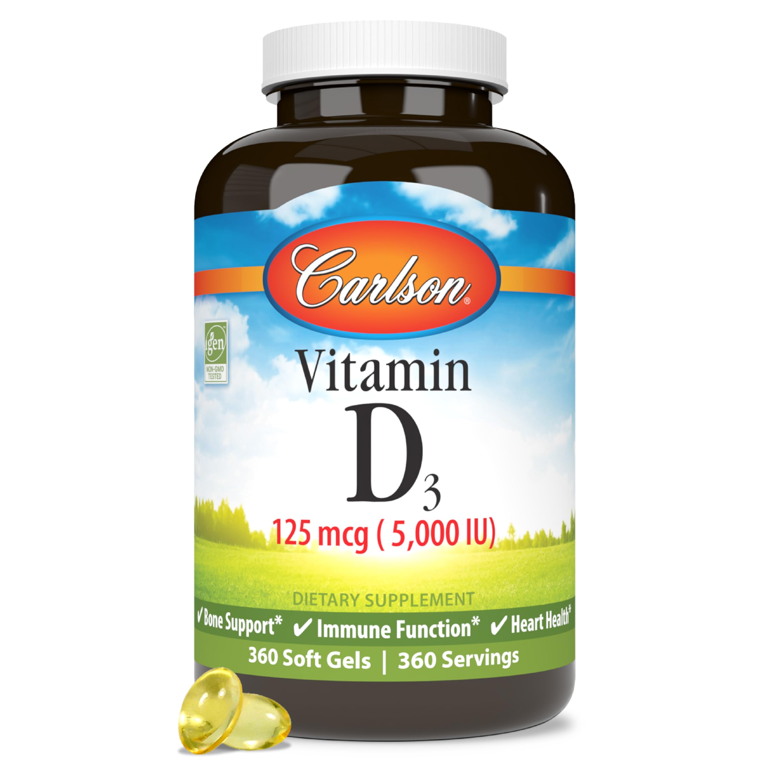 Carlson Vitamin D3 5000 IU soft gel capsules front view