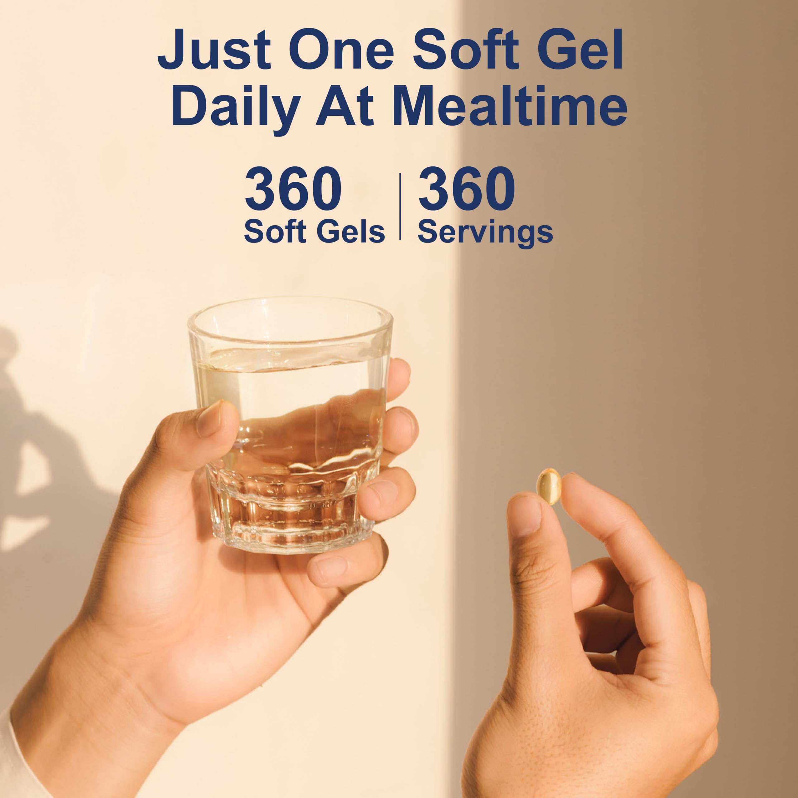 Carlson Vitamin D3 5000 IU soft gel capsules with a glass of water