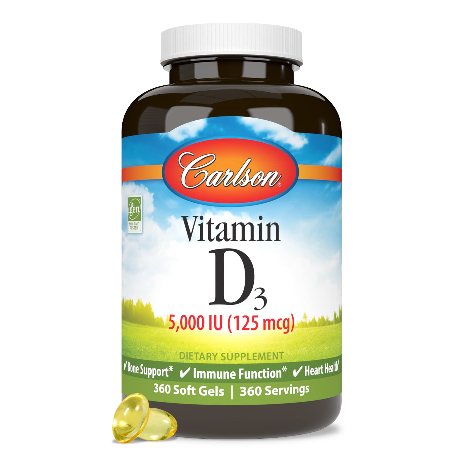Carlson Vitamin D3 5000 IU Softgels on a wooden table