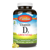 Carlson Vitamin D3 5000 IU Softgels on a wooden table