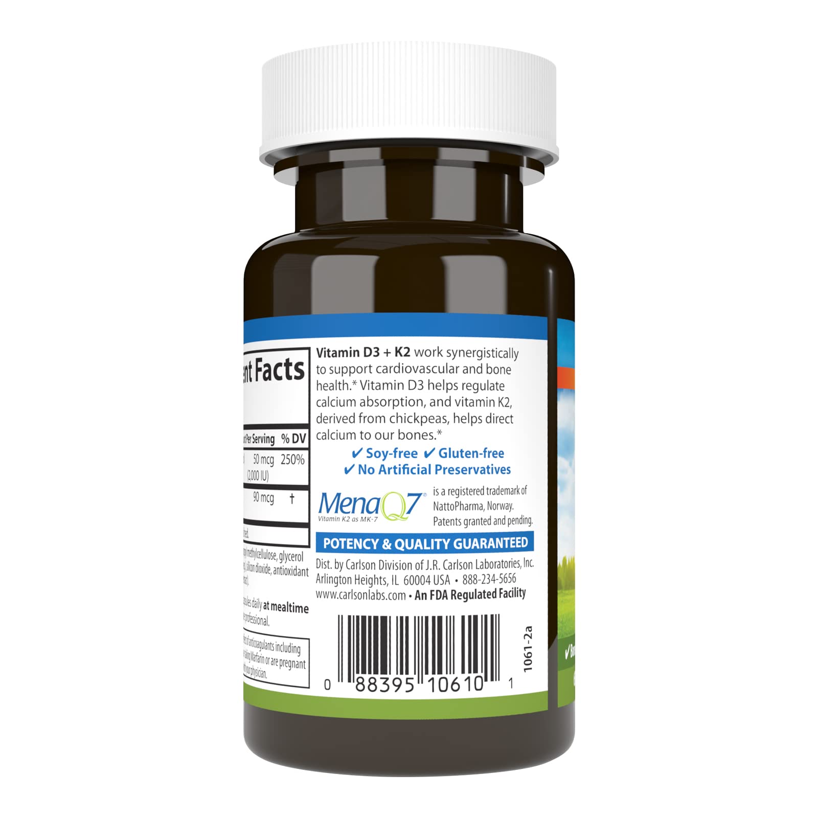 Carlson Vitamin D3 & K2 capsules back view with ingredients