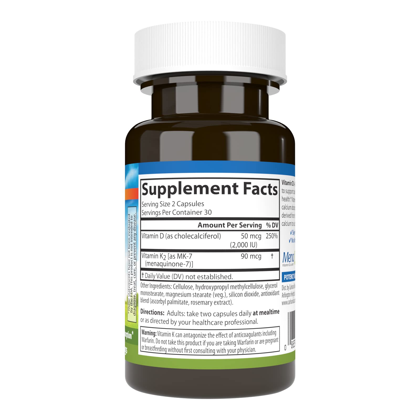 Carlson Vitamin D3 & K2 capsules side view showing dosage