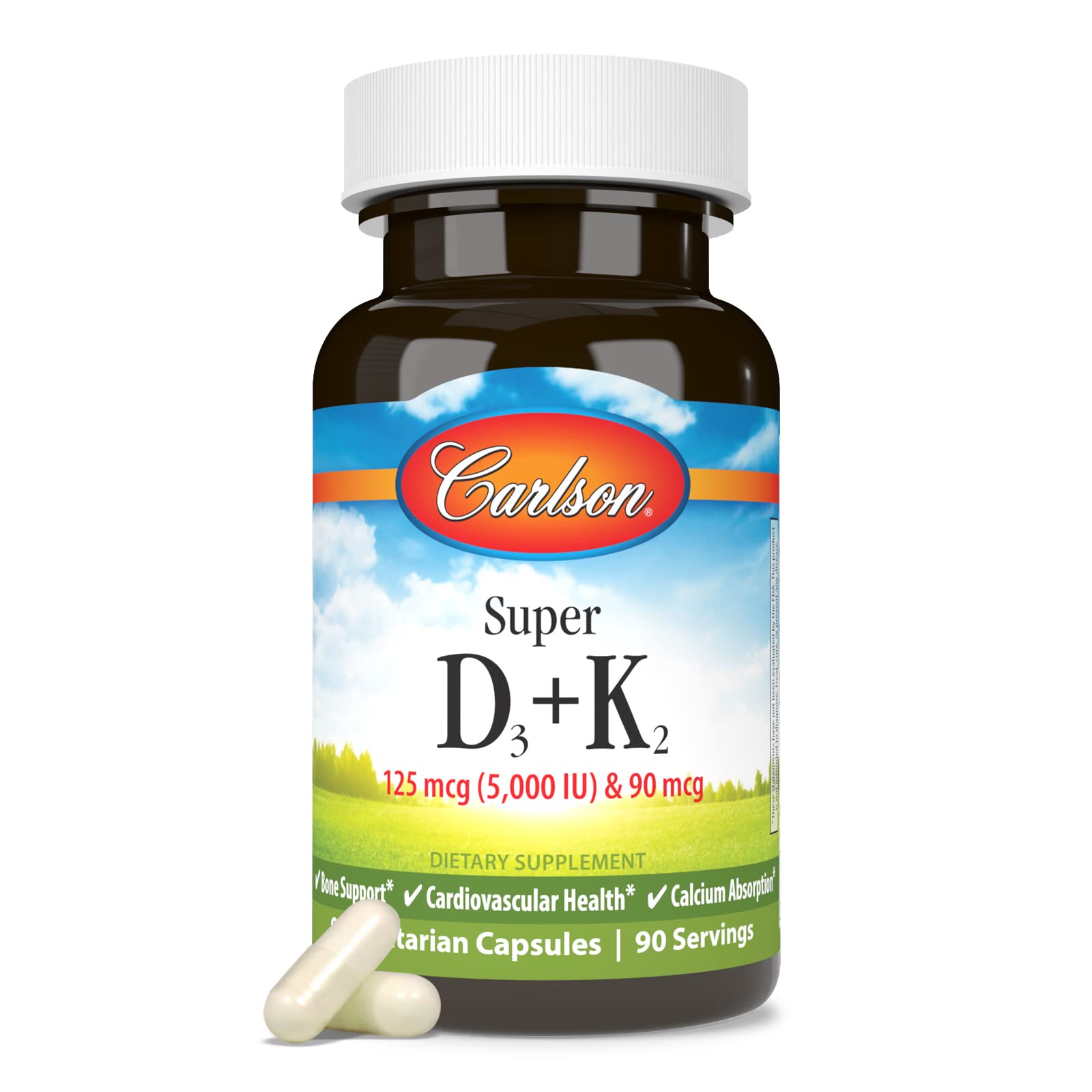 Carlson Vitamin D3 & K2 Capsules with dosage information