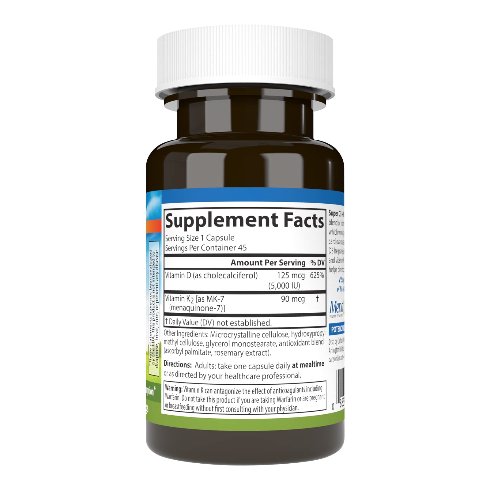 Carlson Vitamin D3 & K2 Supplement back view with ingredient list