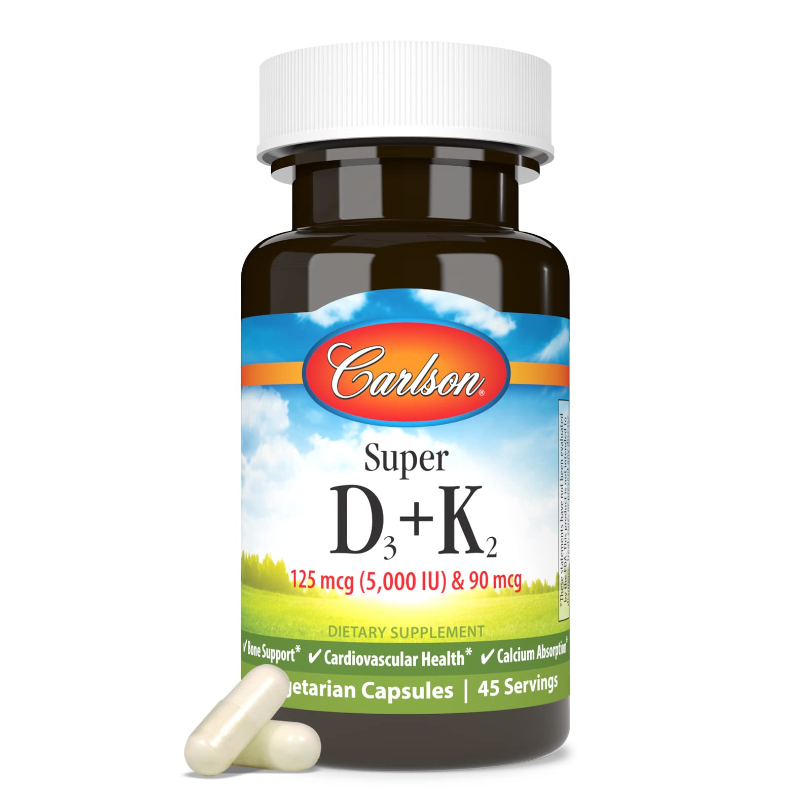 Carlson Vitamin D3 & K2 Supplement bottle with cap open