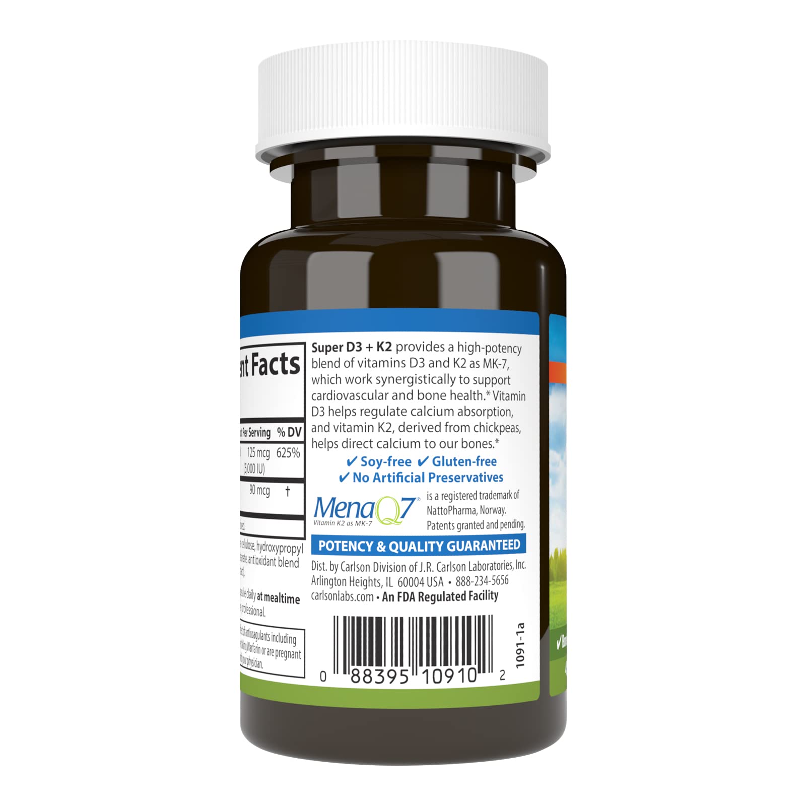 Carlson Vitamin D3 & K2 Supplement side view showing dosage