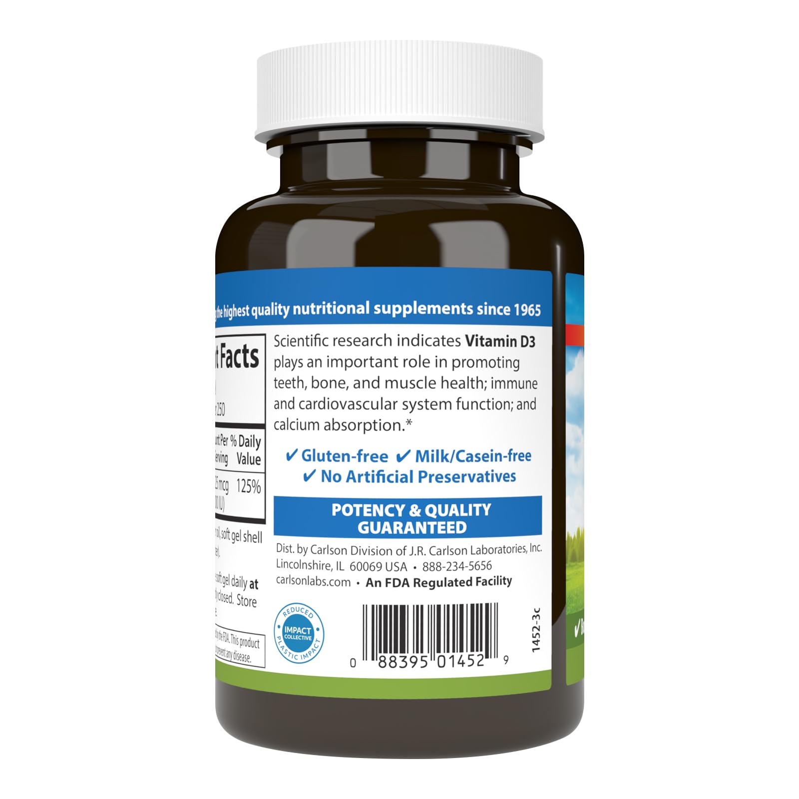 Carlson Vitamin D3 Soft Gel Capsules back view