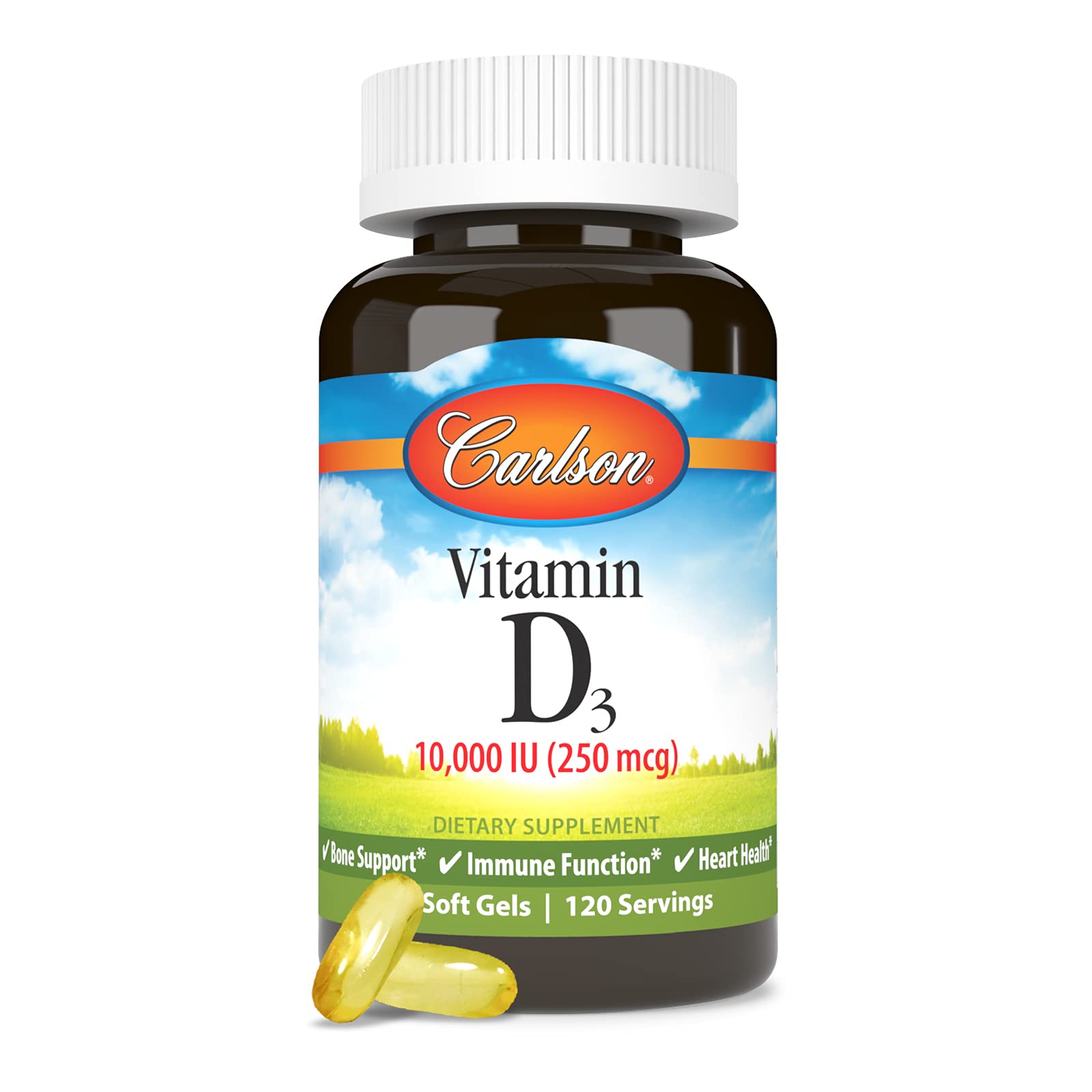 Carlson Vitamin D3 soft gels in hand for size reference