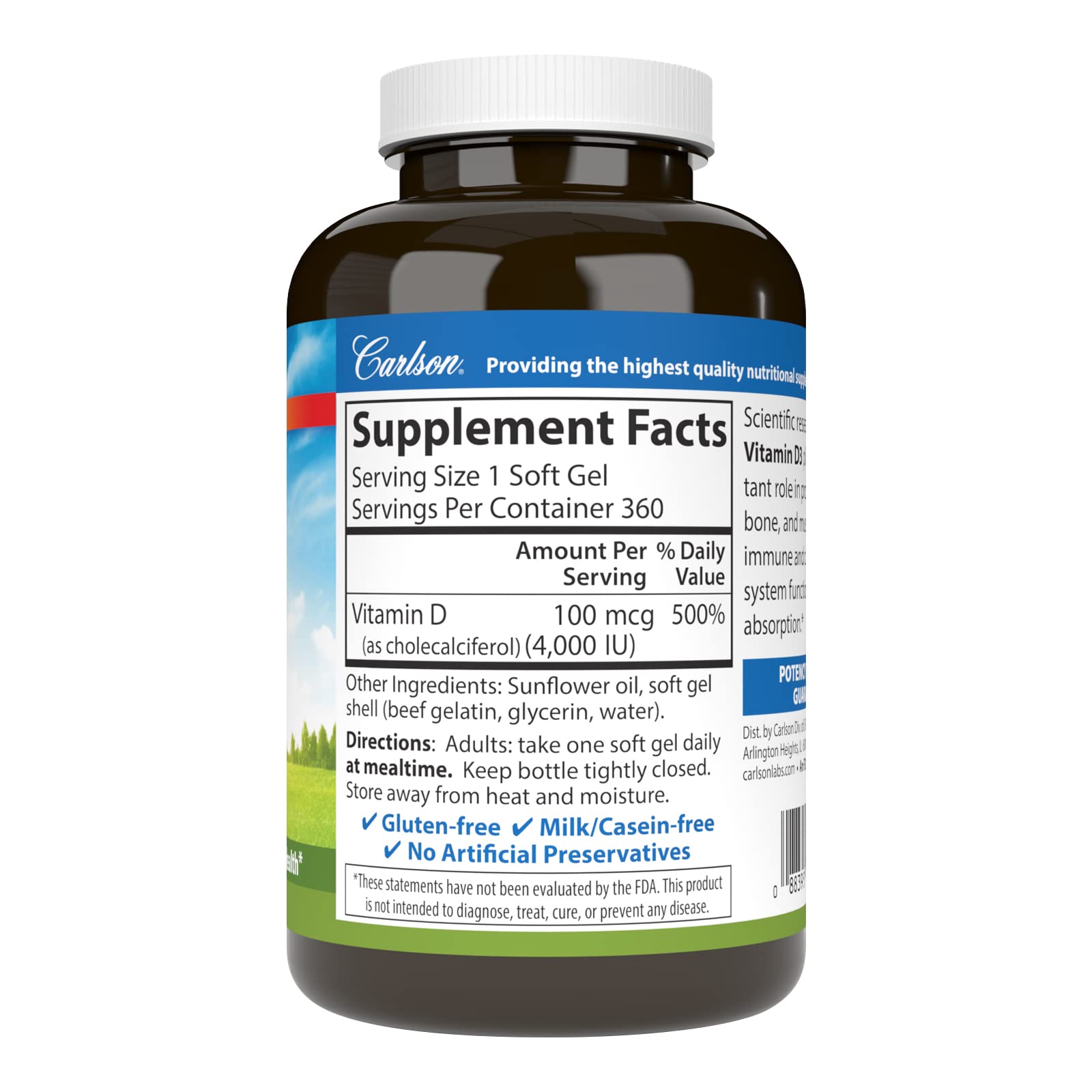 Carlson Vitamin D3 Softgels bottle side view