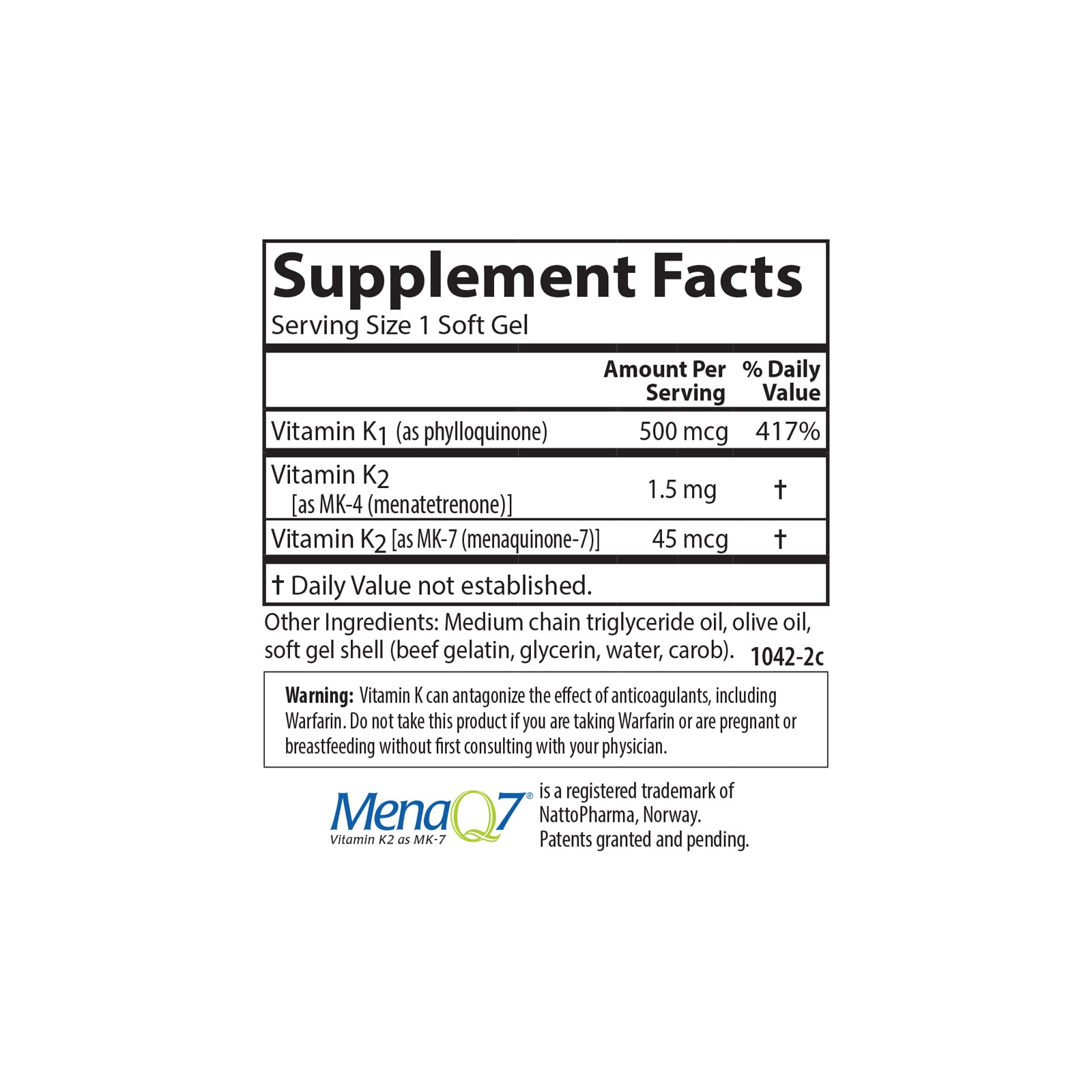Carlson Vitamin K1 & K2 Supplement ingredients list