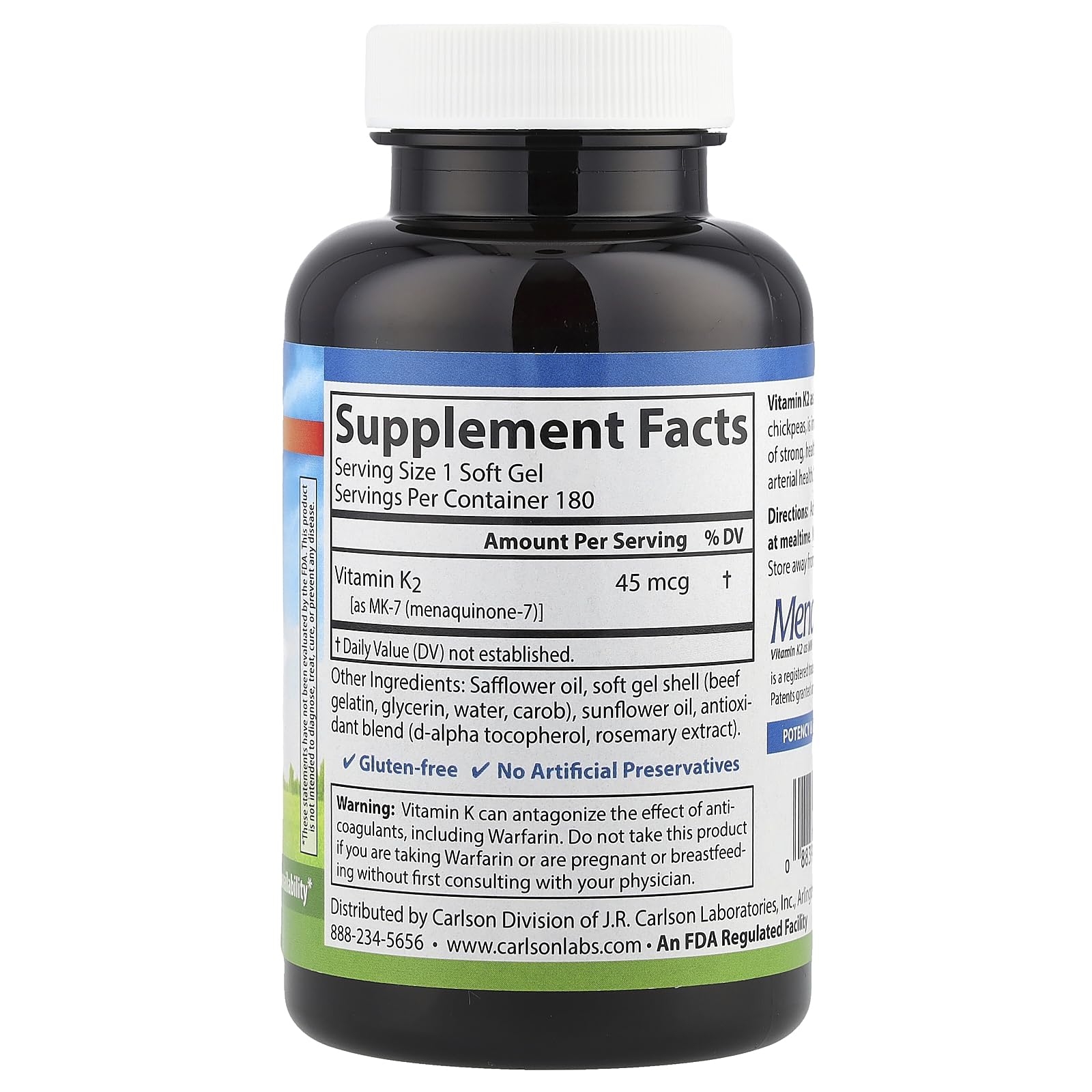 Carlson Vitamin K2 MK-7 Softgels side view showing softgel