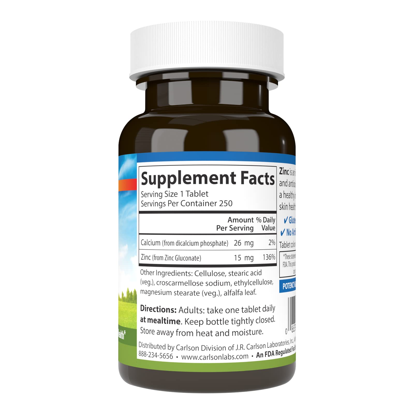 Carlson Zinc Supplement 15mg back view