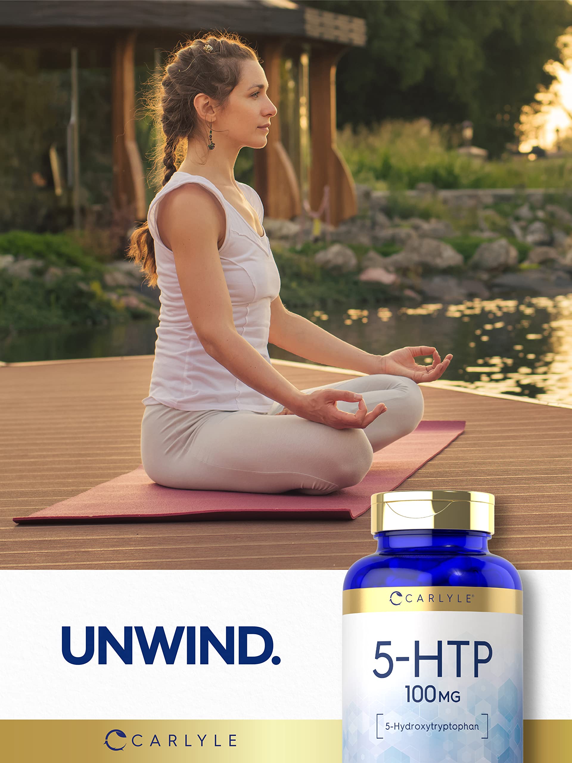 Carlyle 5-HTP Capsules 100mg on a wooden table