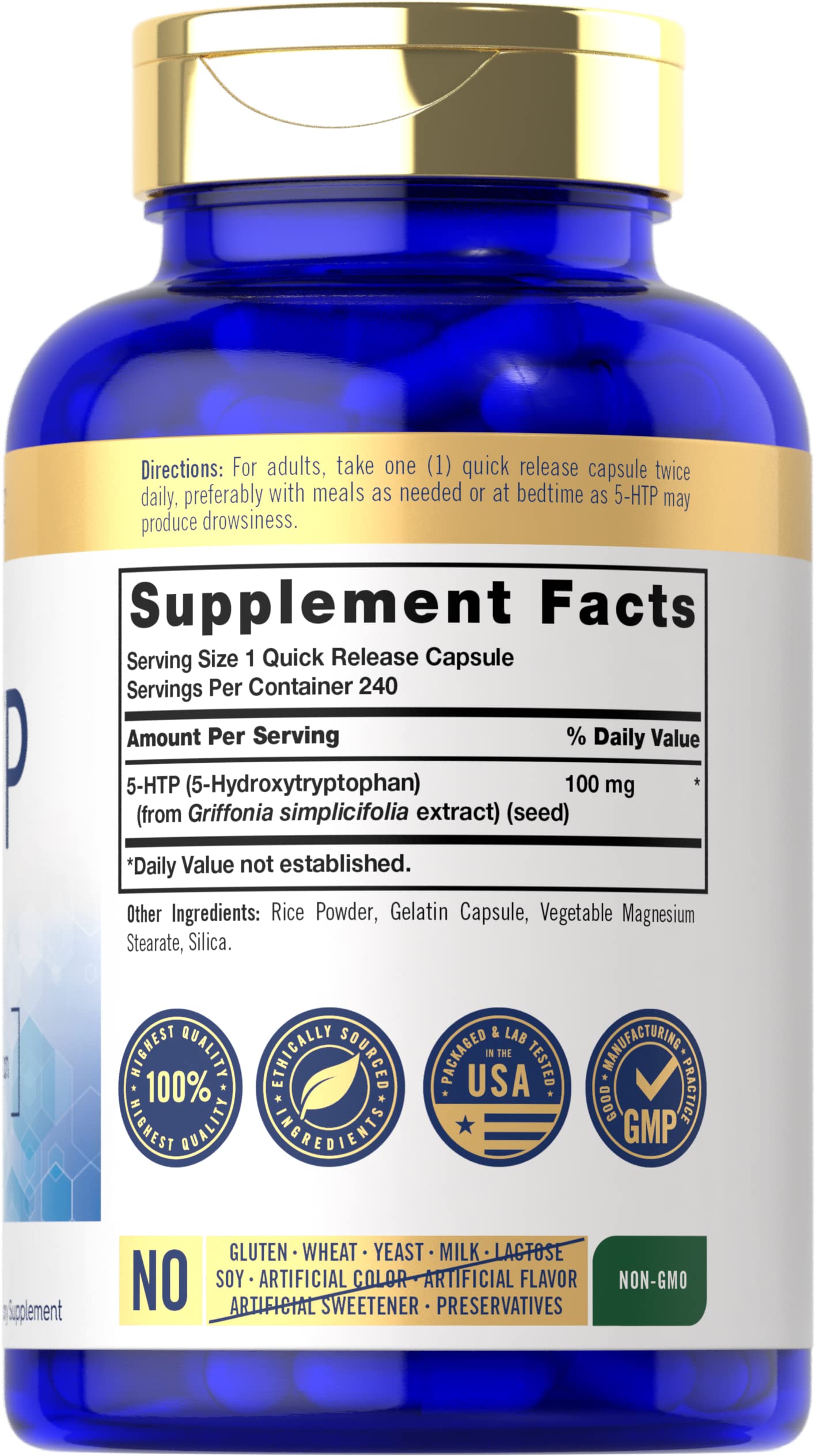 Carlyle 5-HTP Capsules 100mg side view showing capsule details