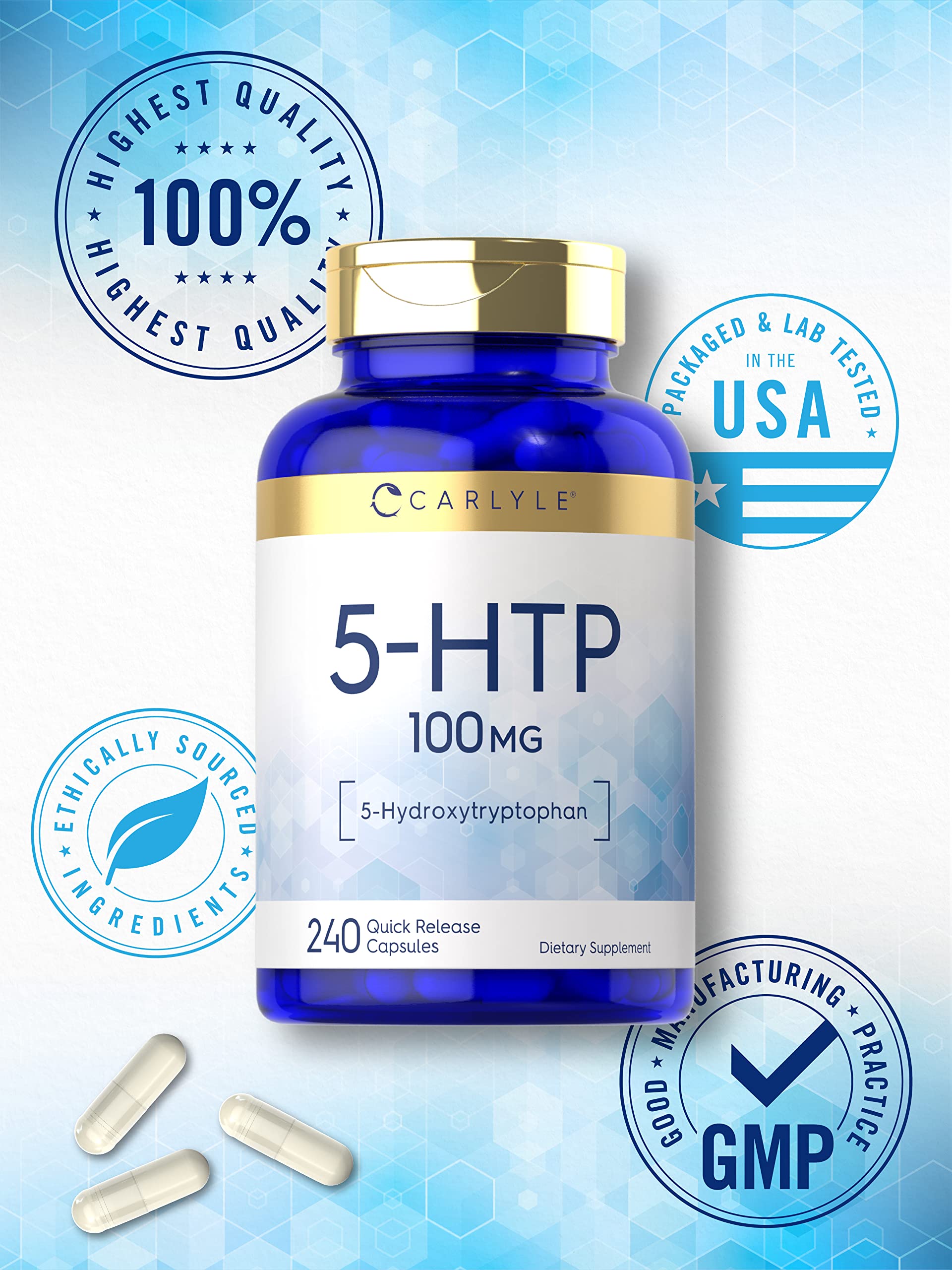 Carlyle 5-HTP Capsules 100mg with a measuring spoon