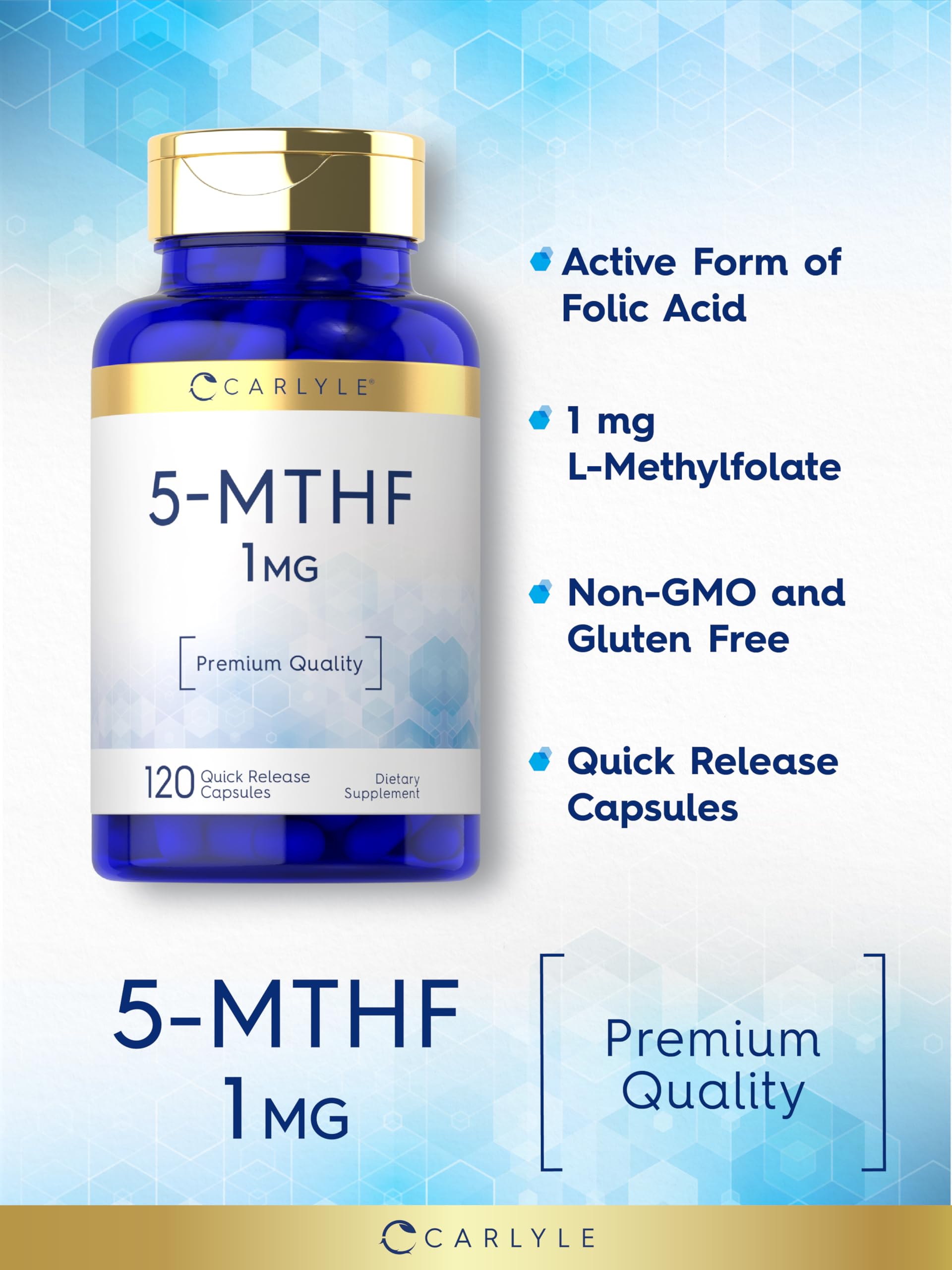 Carlyle 5-MTHF Folic Acid Capsules on a wooden table