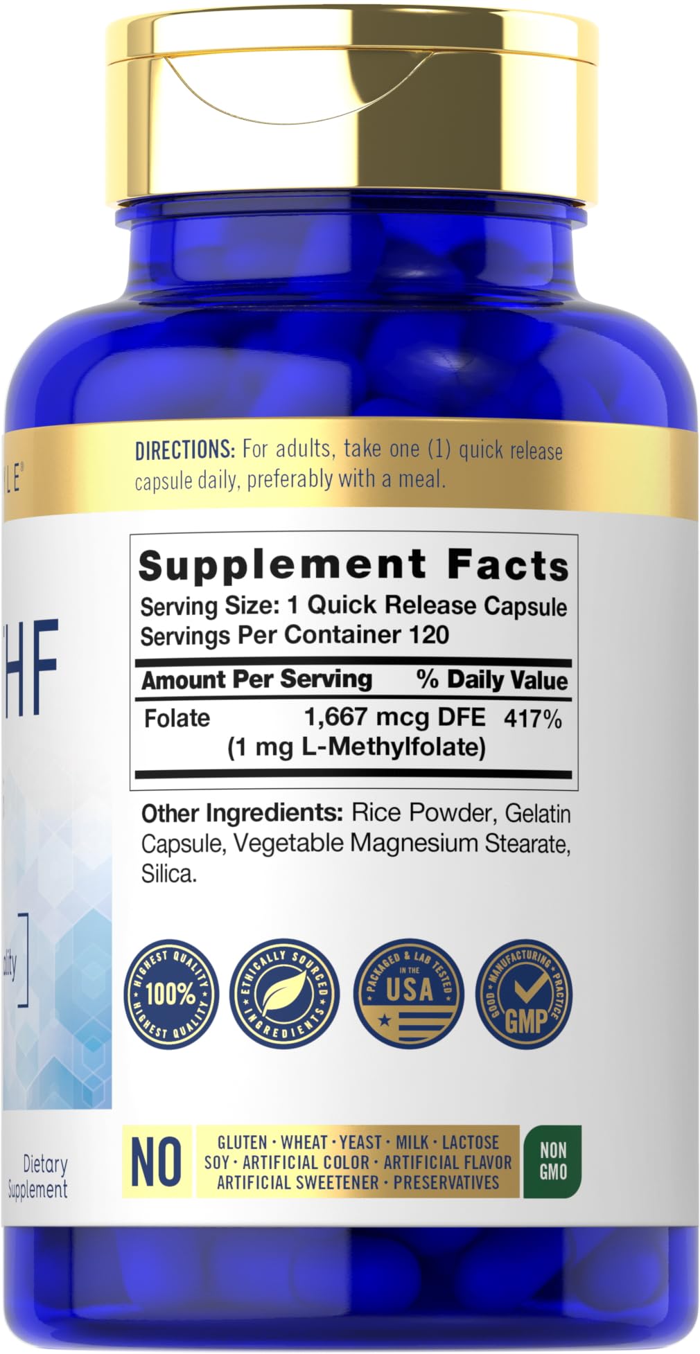 Carlyle 5-MTHF Folic Acid Capsules side view with label