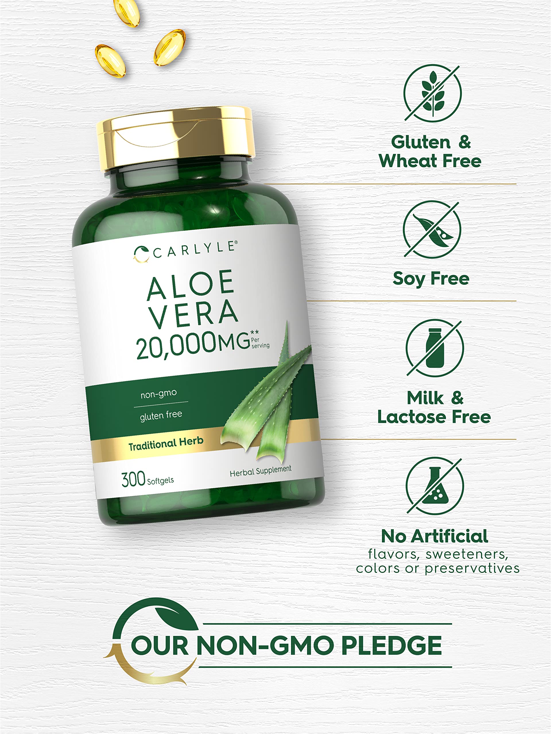 Carlyle Aloe Vera Concentrated Softgels on a wooden table