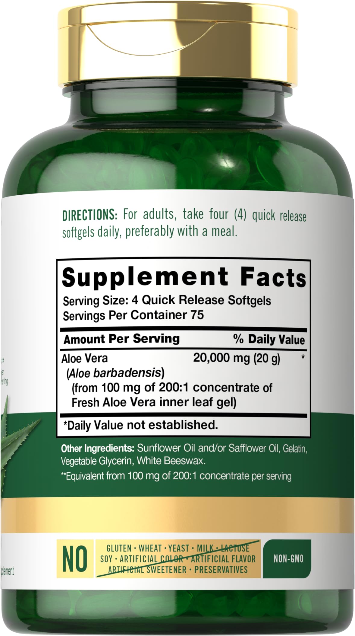 Carlyle Aloe Vera Concentrated Softgels side view showing softgel capsules