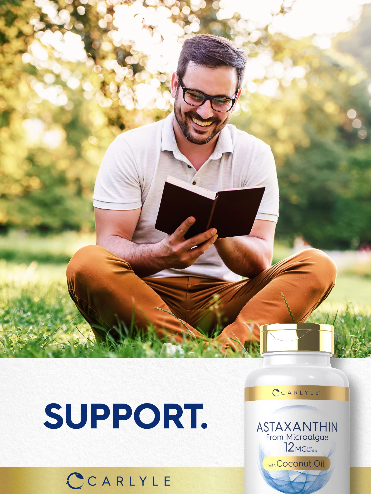 Carlyle Astaxanthin Softgels 12mg on a wooden table