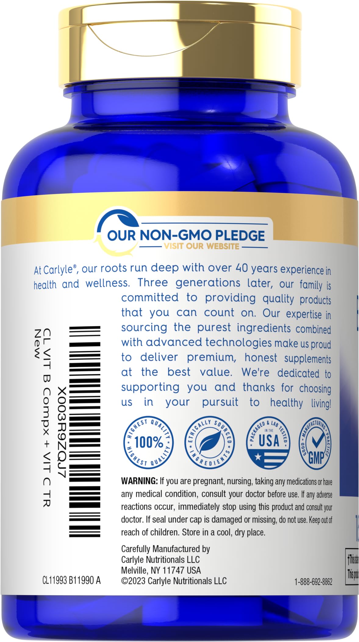 Carlyle B-Complex Vitamin Supplement packaging with ingredients list