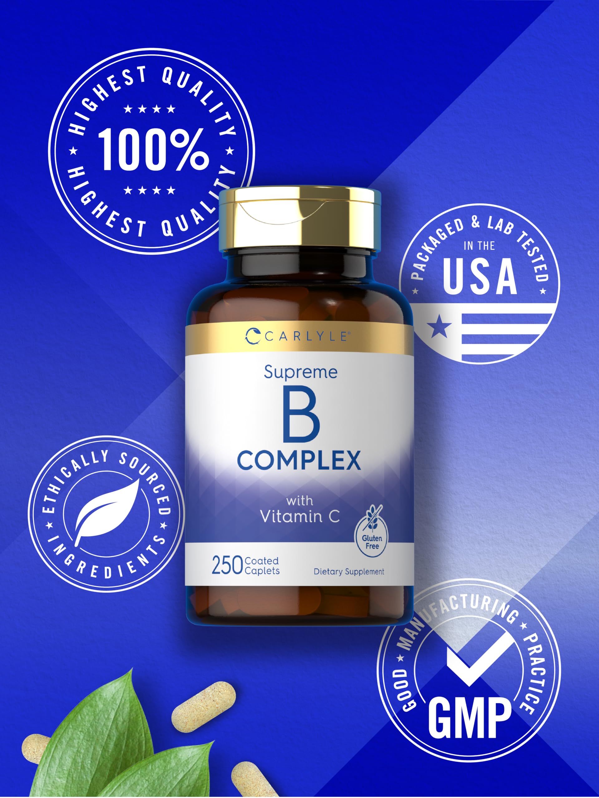 Carlyle B-Complex Vitamins 200mg vegetarian caplets on a table