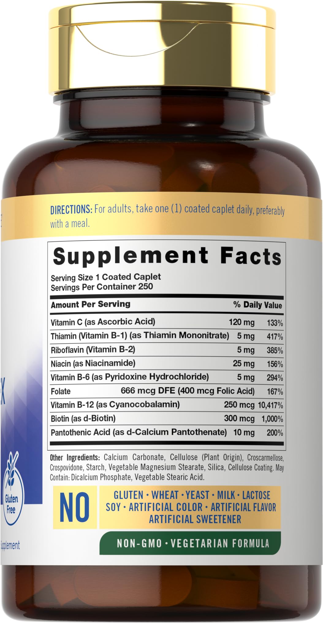 Carlyle B-Complex Vitamins 200mg vegetarian caplets side view