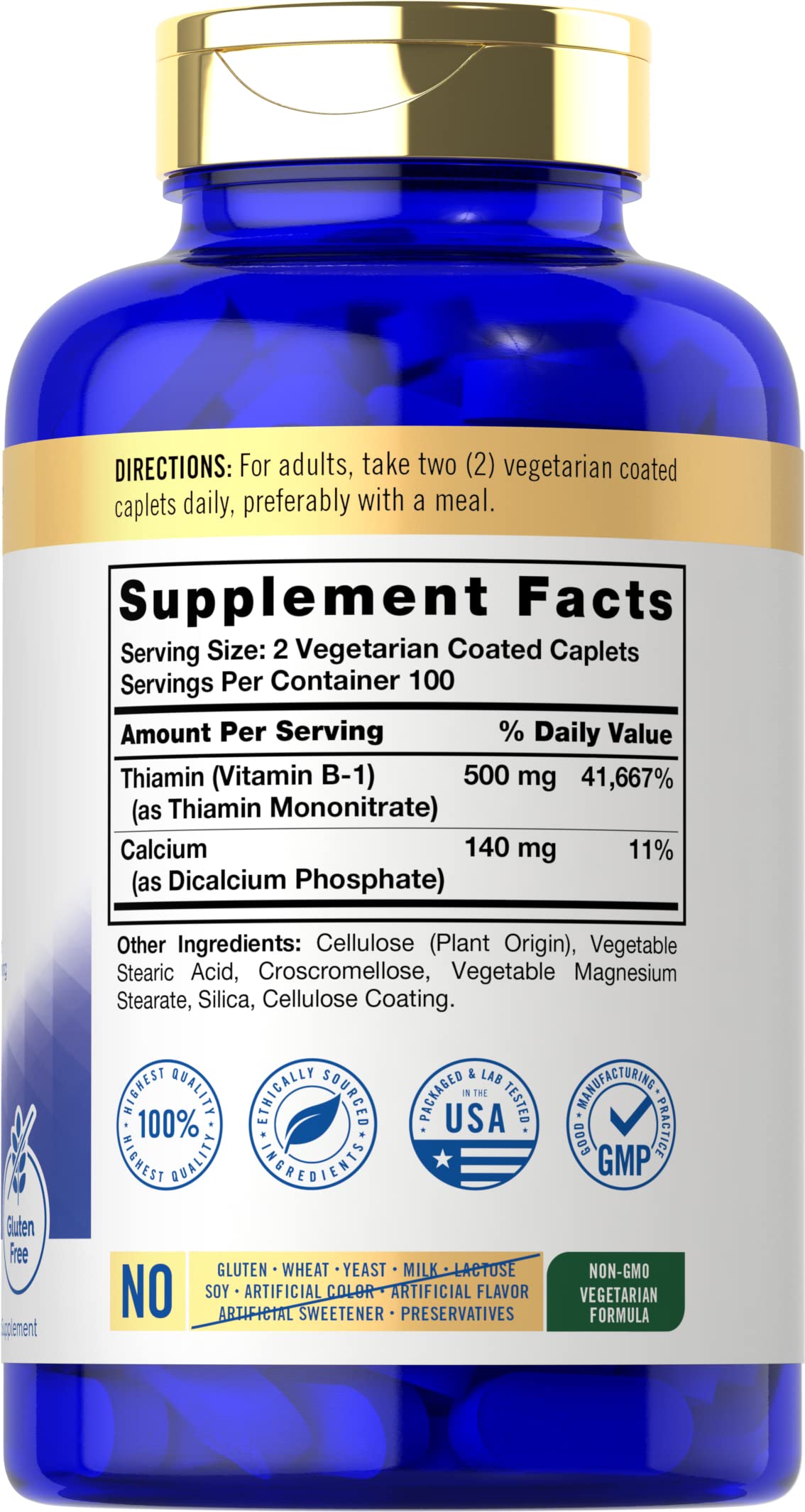Carlyle B1 Thiamine 500mg caplets ingredients label