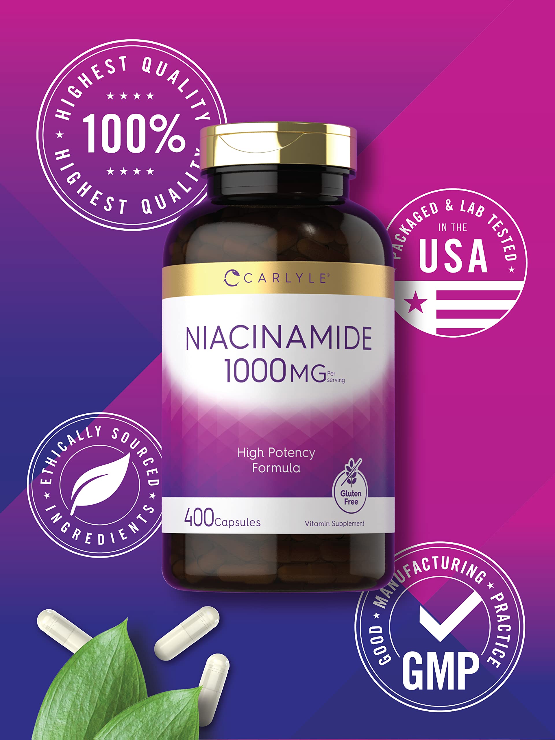 Carlyle B3 Niacin 1000mg capsules on a wooden table