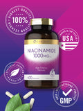 Carlyle B3 Niacin 1000mg capsules on a wooden table