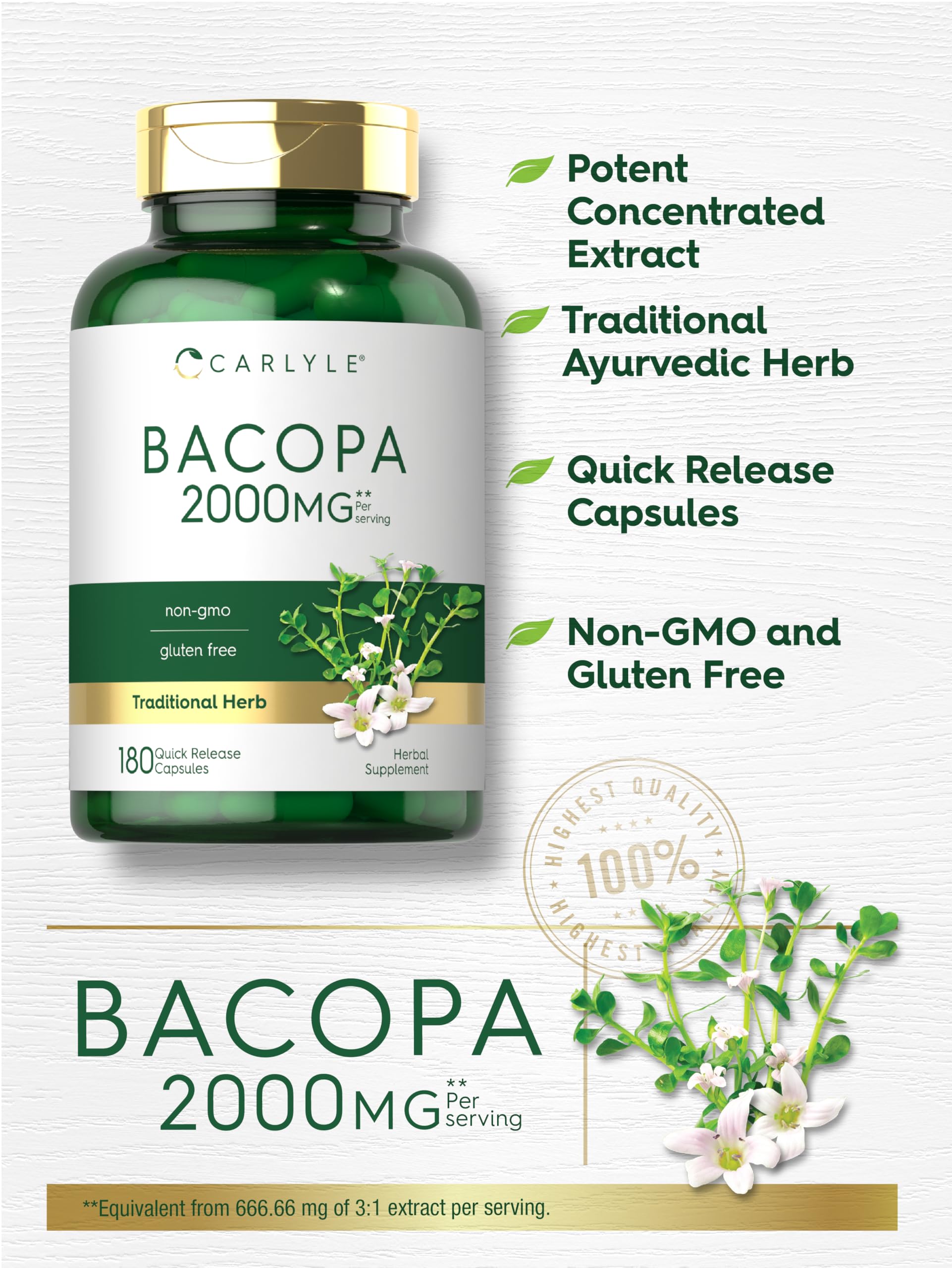 Carlyle Bacopa Monnieri Extract 500mg capsules bottle with label