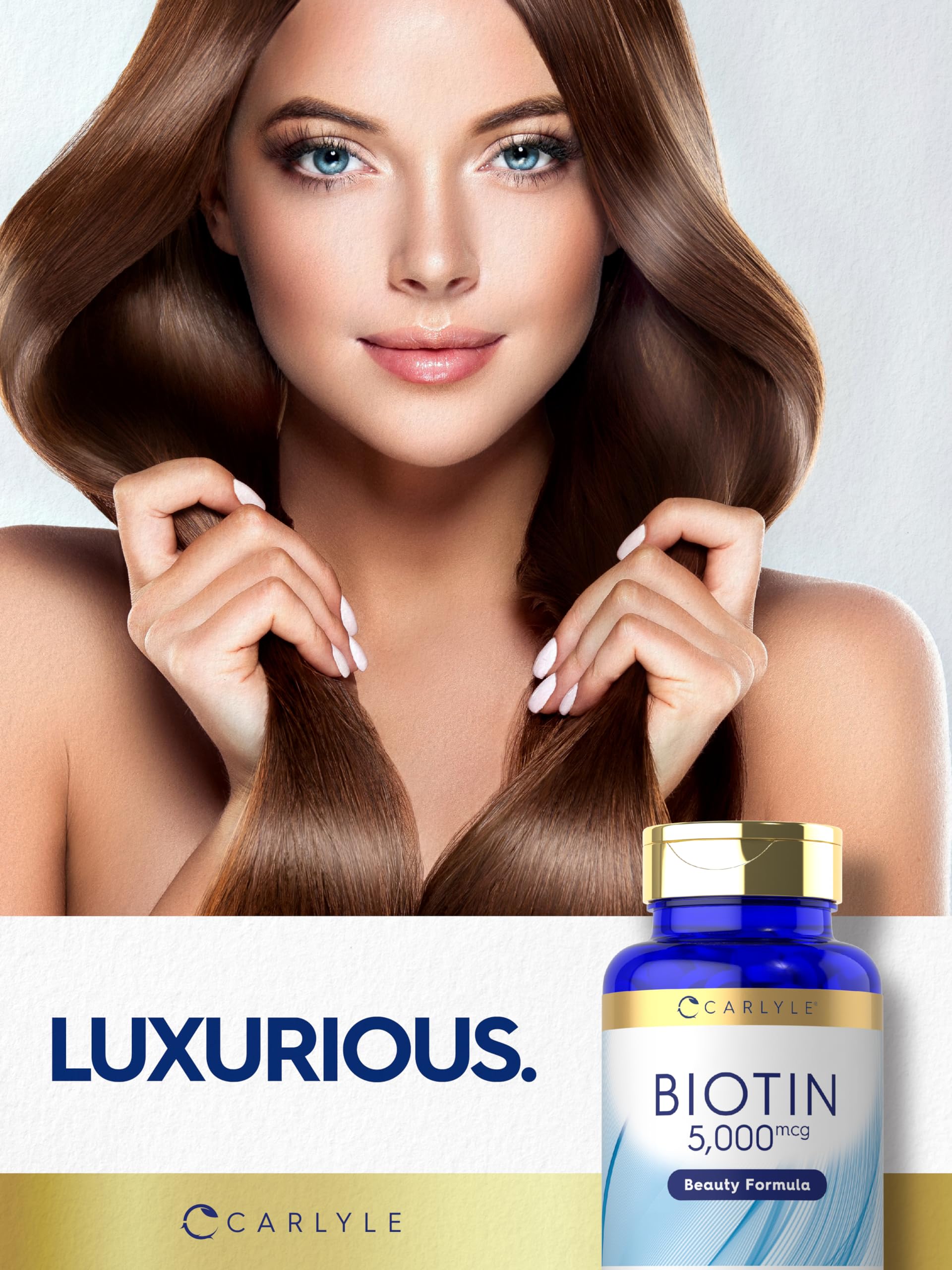 Carlyle Biotin 5000 mcg Extra Strength Tablets on a wooden table