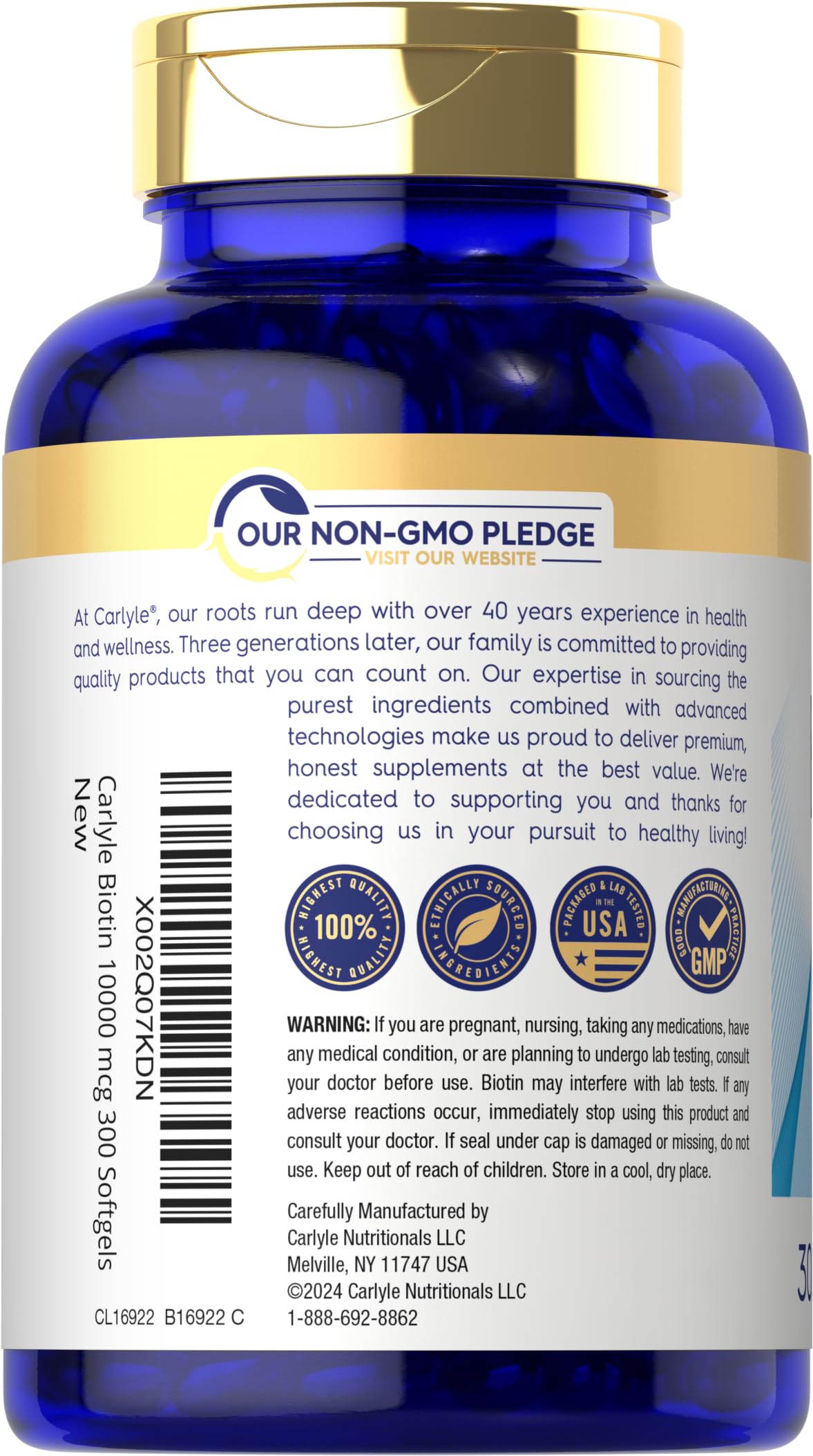 Carlyle Biotin softgels side view showing ingredients