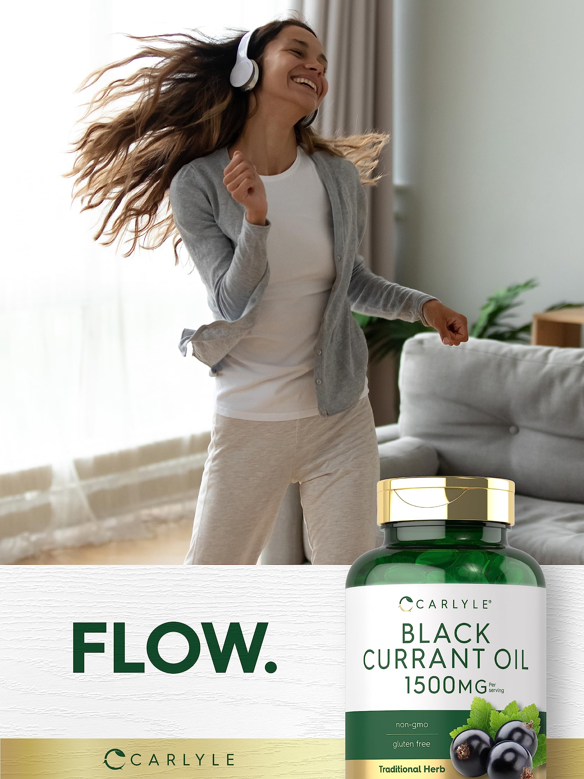 Carlyle Black Currant Oil softgel bottle with a measuring spoon