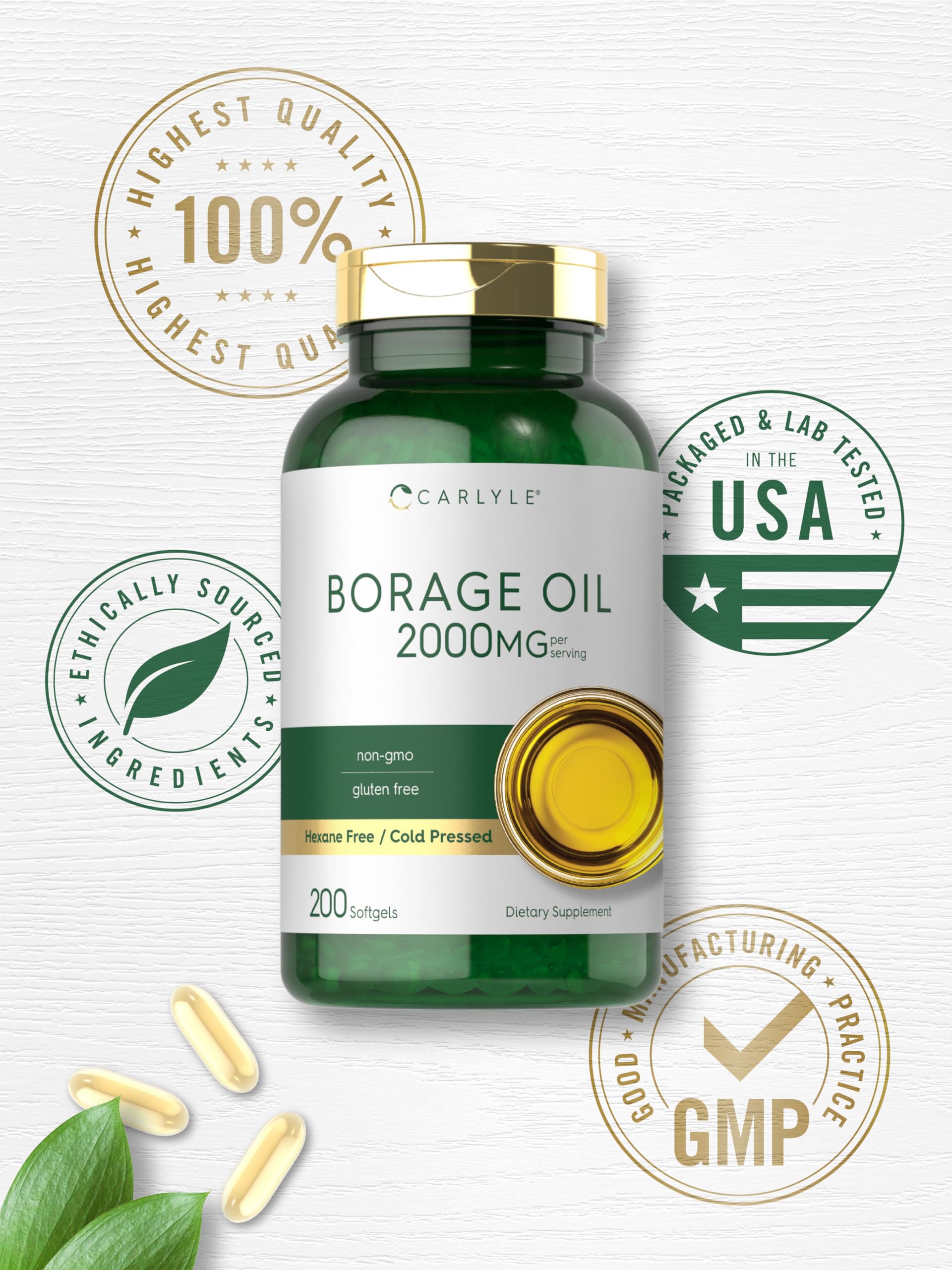 Carlyle Borage Oil Omega-6 Softgels on a wooden table