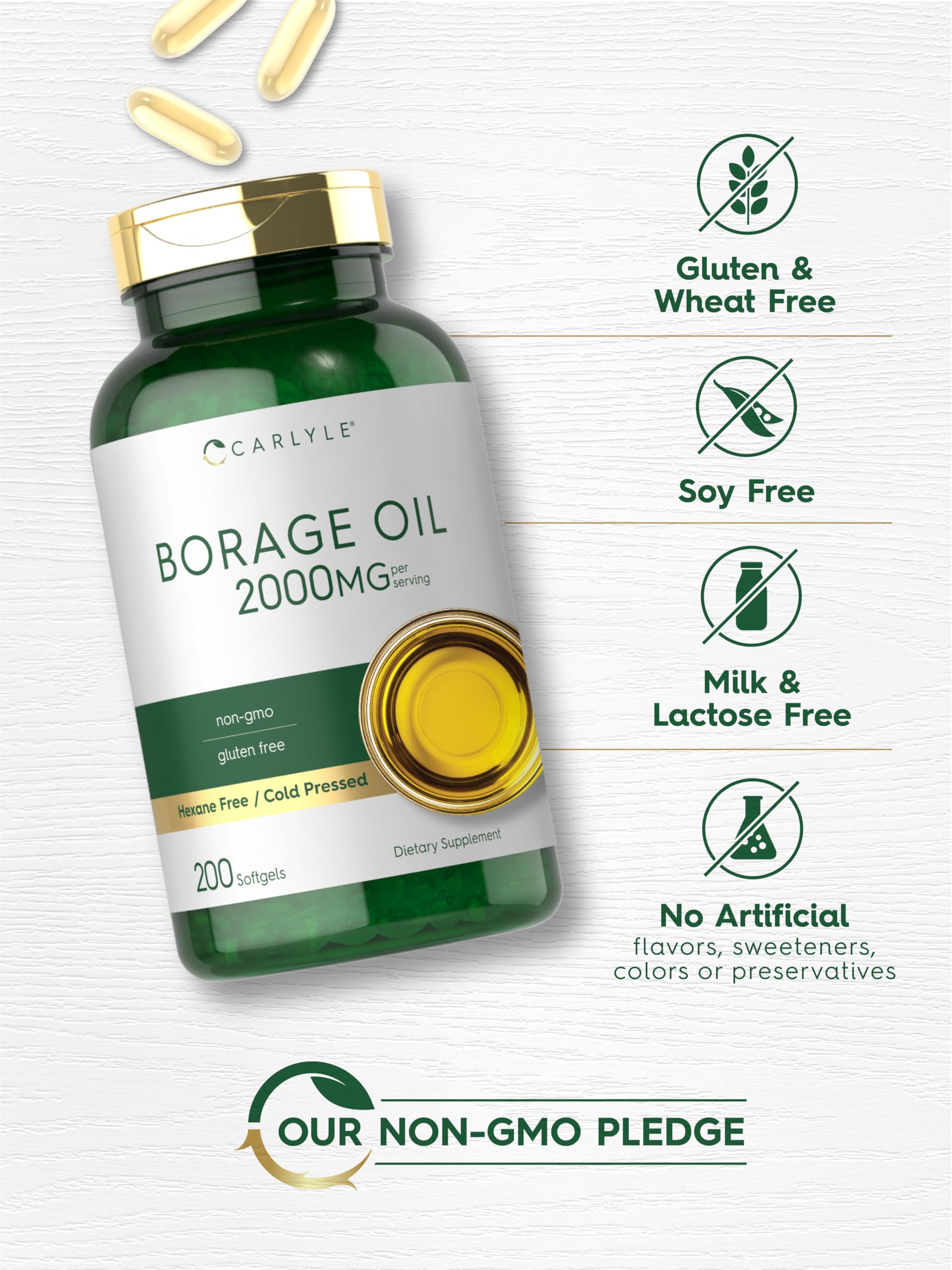 Carlyle Borage Oil Omega-6 Softgels with ingredients list