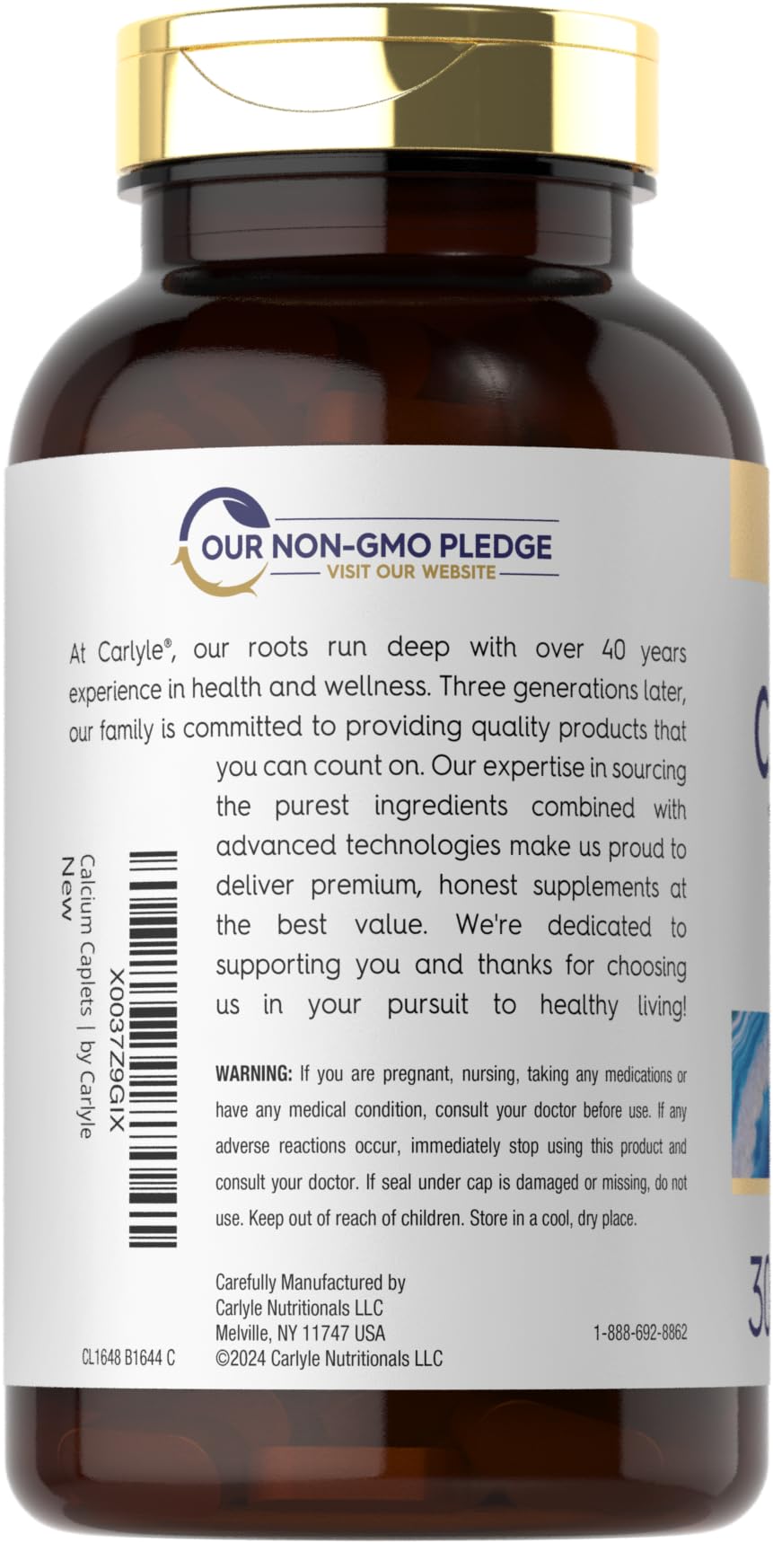 Carlyle Calcium + D3 caplets back view showing ingredients