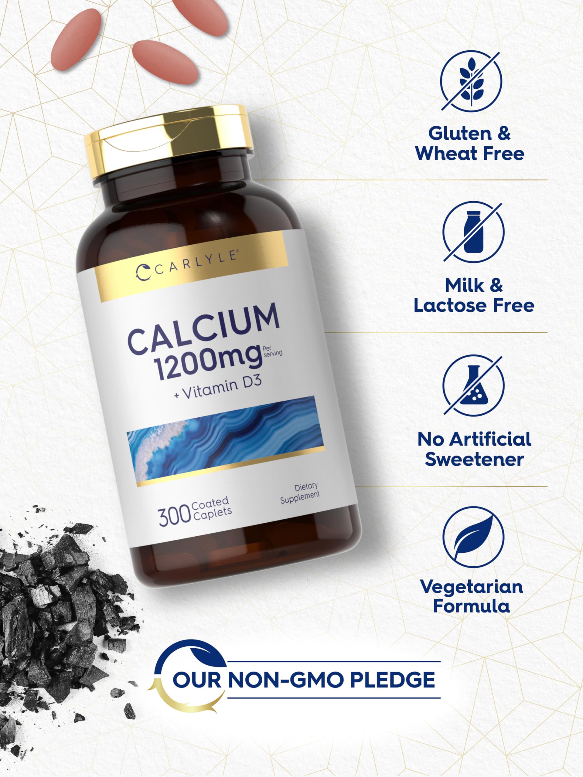 Carlyle Calcium + D3 caplets displayed with a glass of water