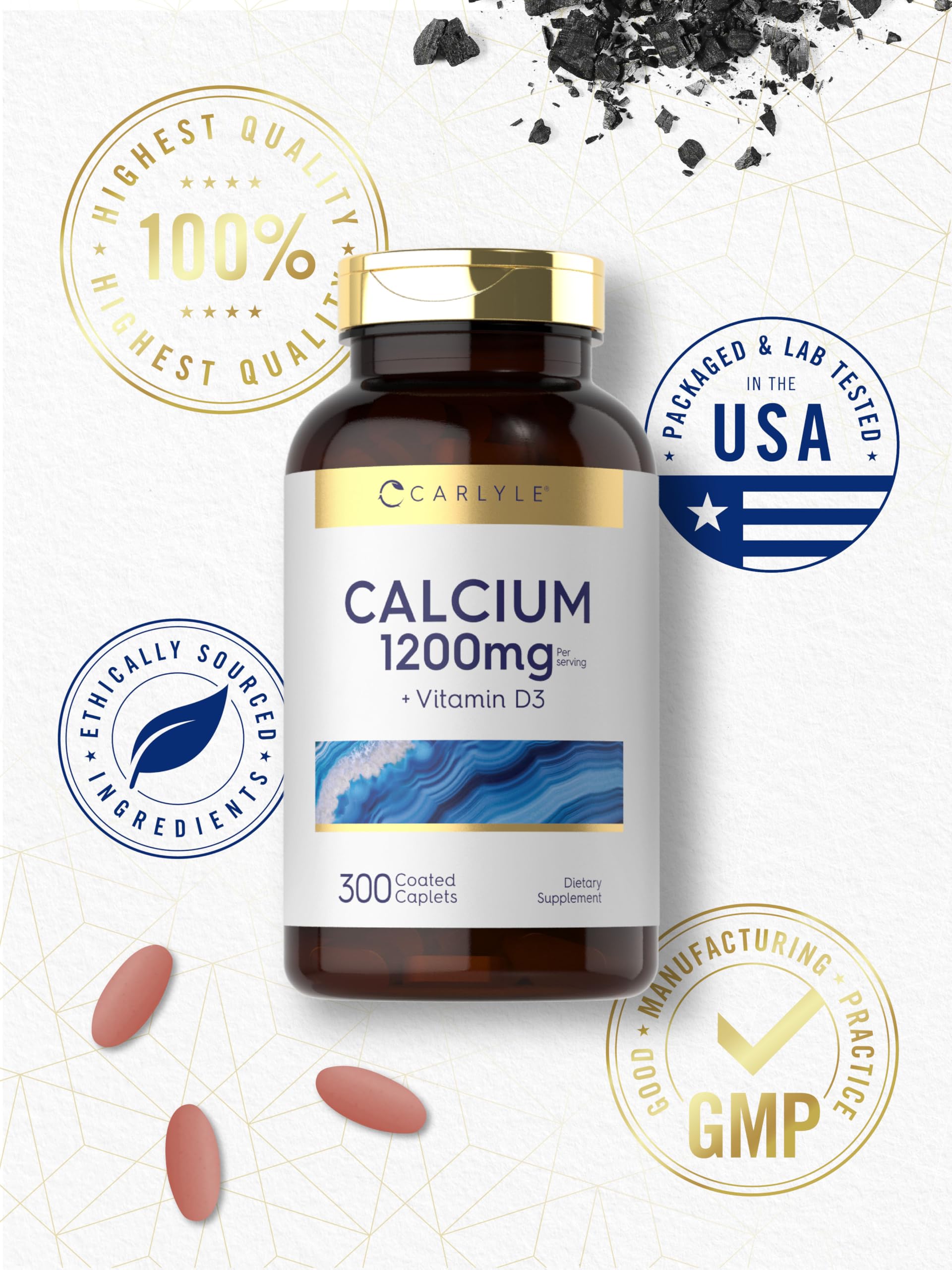 Carlyle Calcium + D3 caplets in a hand for size comparison