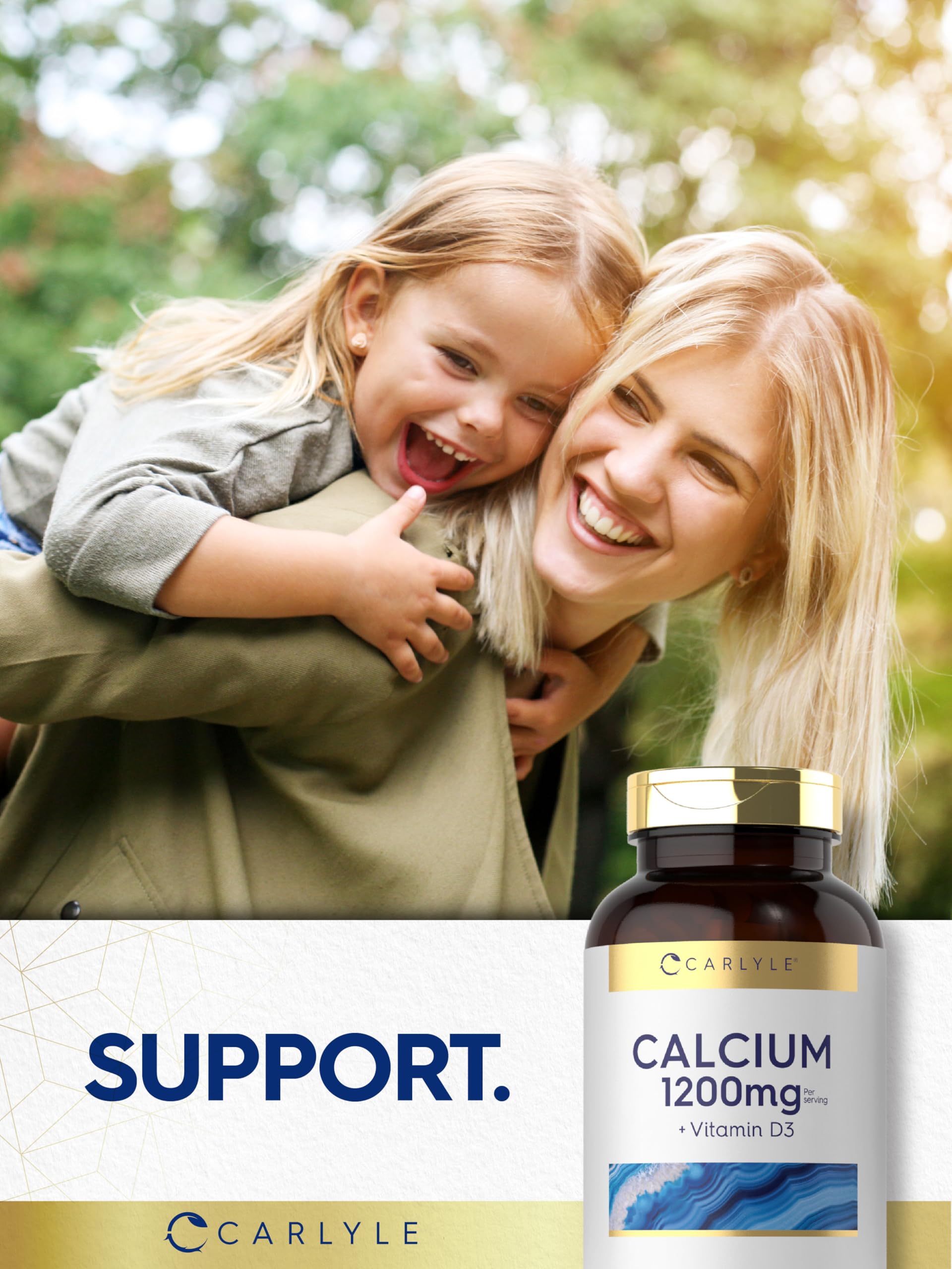 Carlyle Calcium + D3 caplets on a wooden table