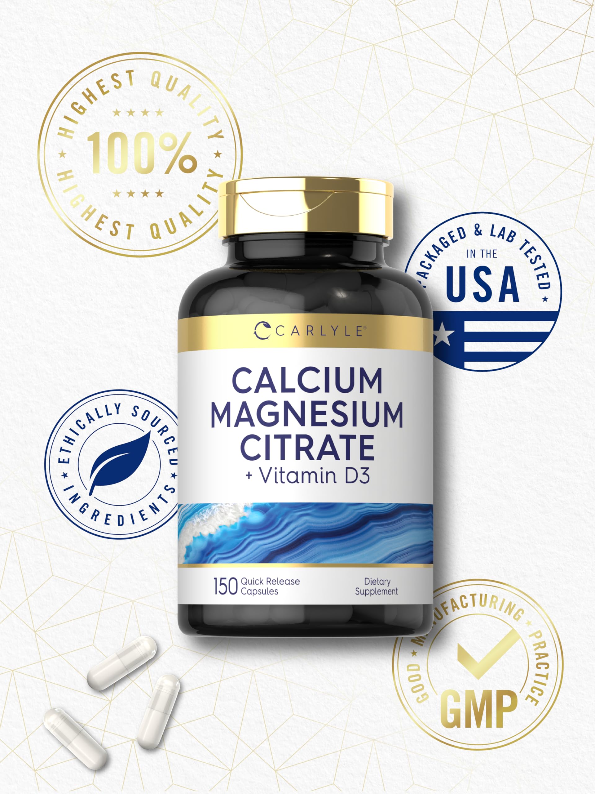 Carlyle Calcium Magnesium Vitamin D3 Capsules on a wooden table