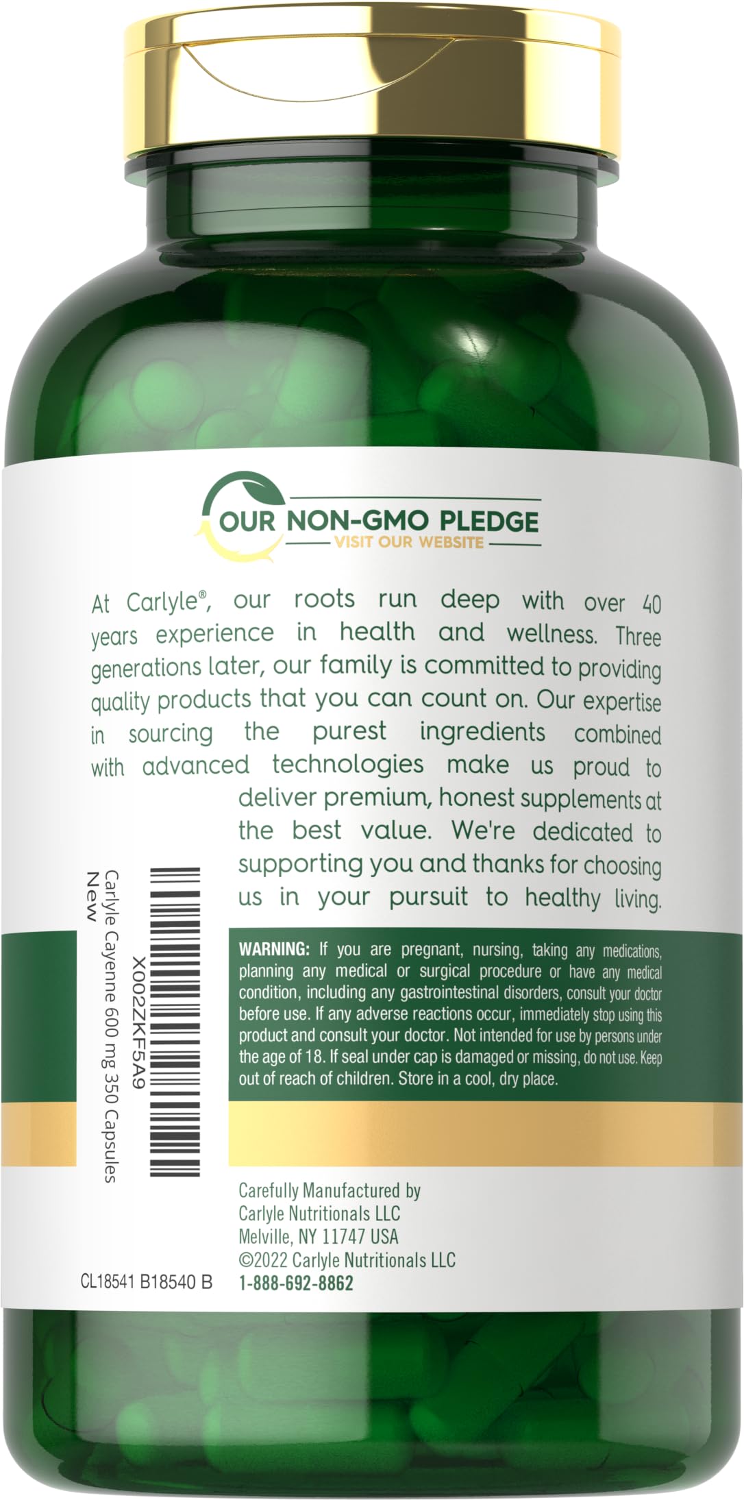 Carlyle Cayenne Pepper Capsules 500mg back view with ingredient list