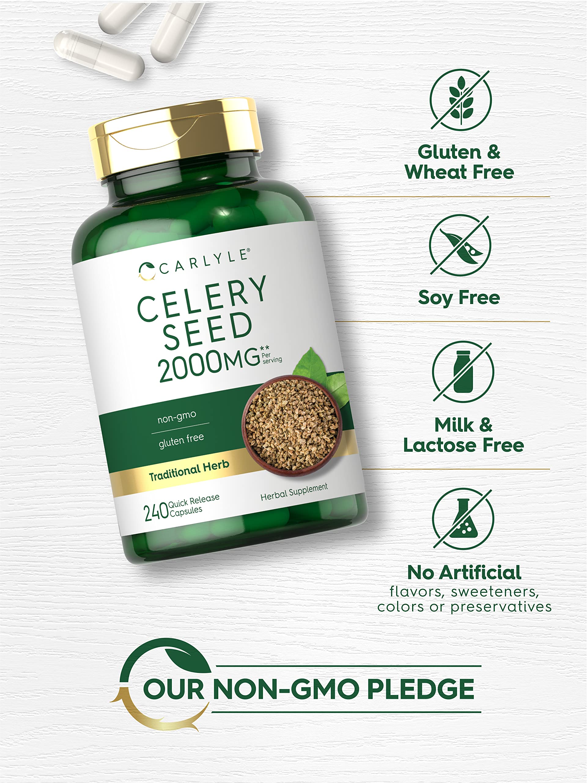 Carlyle Celery Seed Capsules 175g back view with dosage instructions