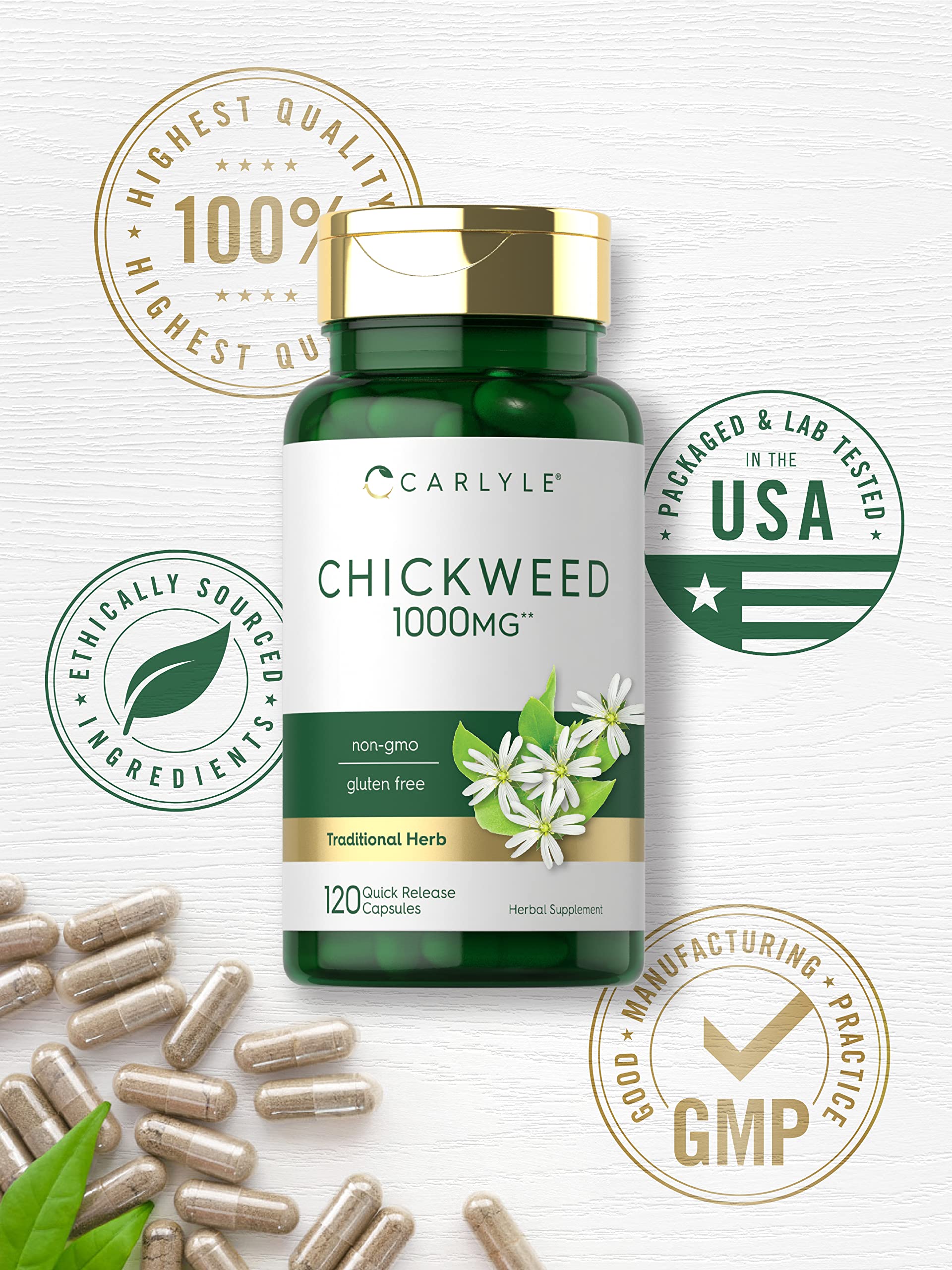 Carlyle Chickweed Capsules 1000mg capsules on a wooden table