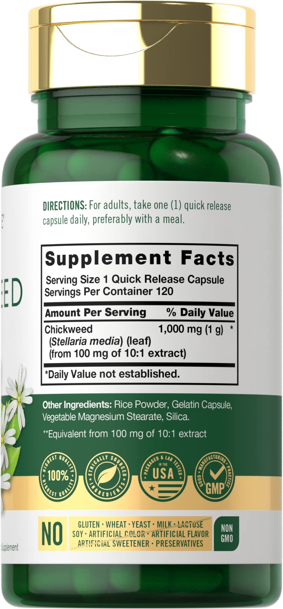 Carlyle Chickweed Capsules 1000mg side view showing label details
