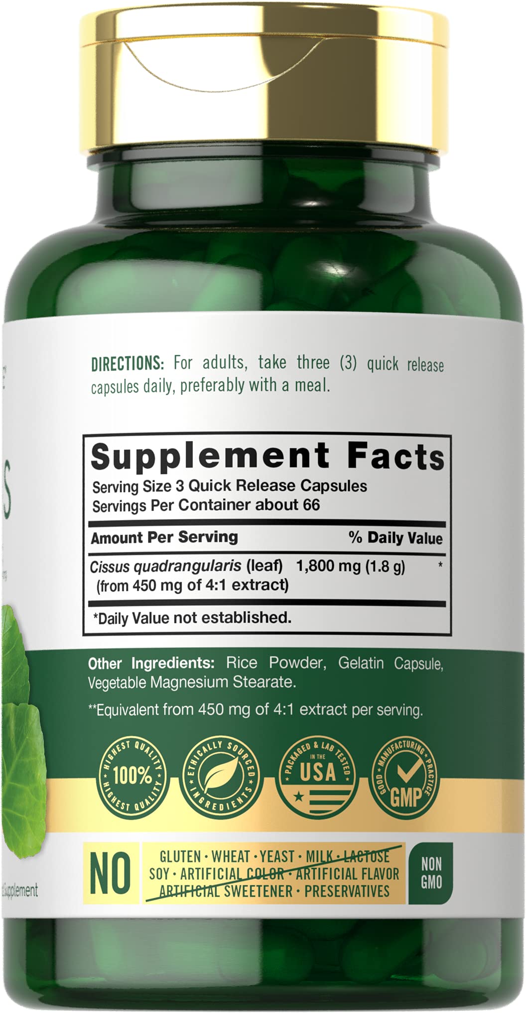 Carlyle Cissus Leaf Capsules 1000mg back view with ingredient list
