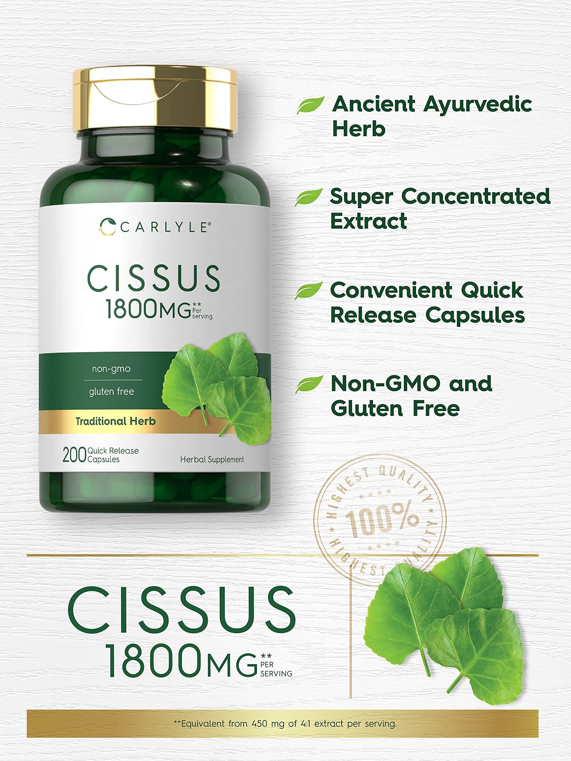 Carlyle Cissus Leaf Capsules 1000mg side view showing capsule